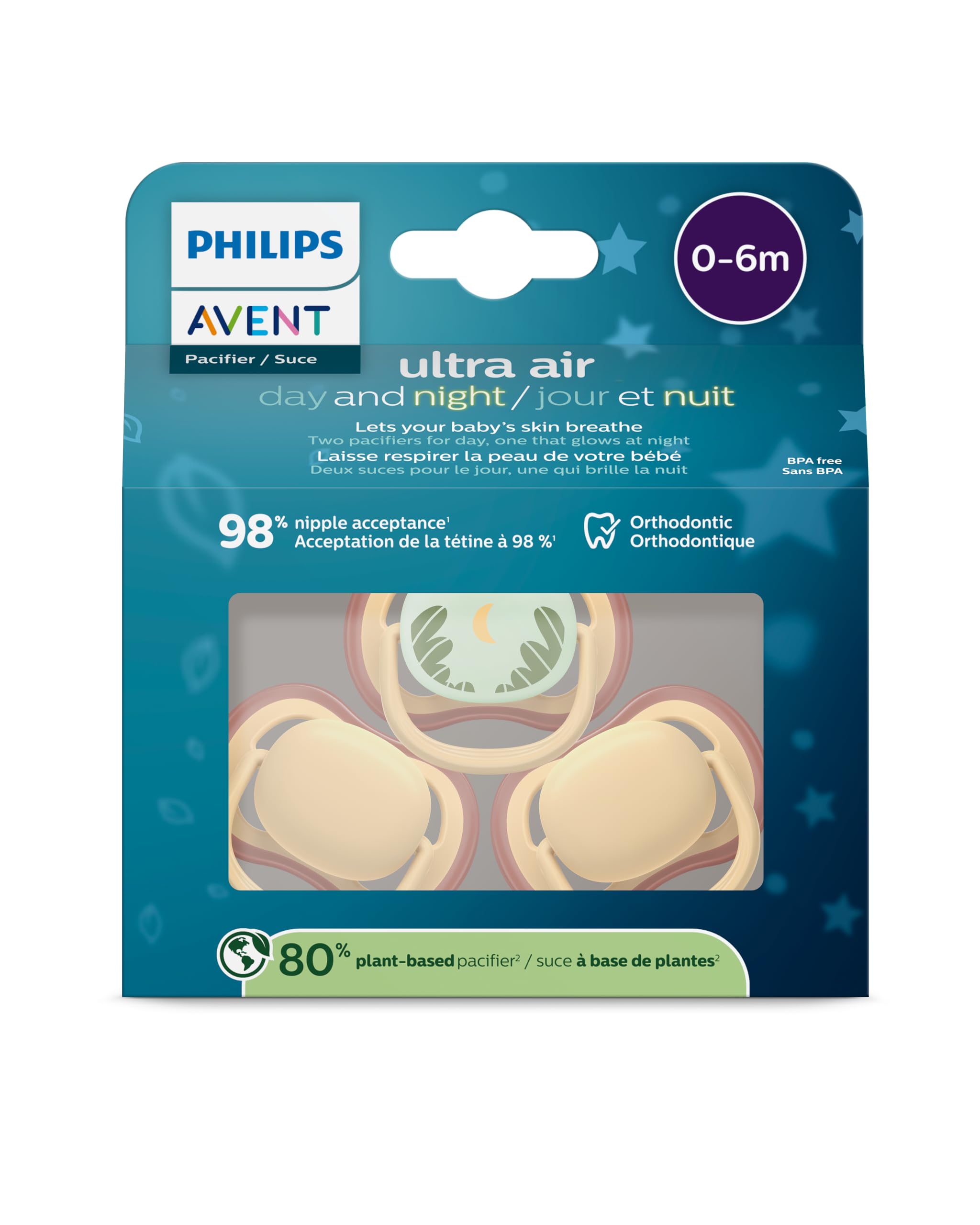 Philips Avent ultra air Pacifier 0-6m, light yellow/tropical night, day+night 3 pack, SCF087/23 (Light Yellow/Tropical Night)
