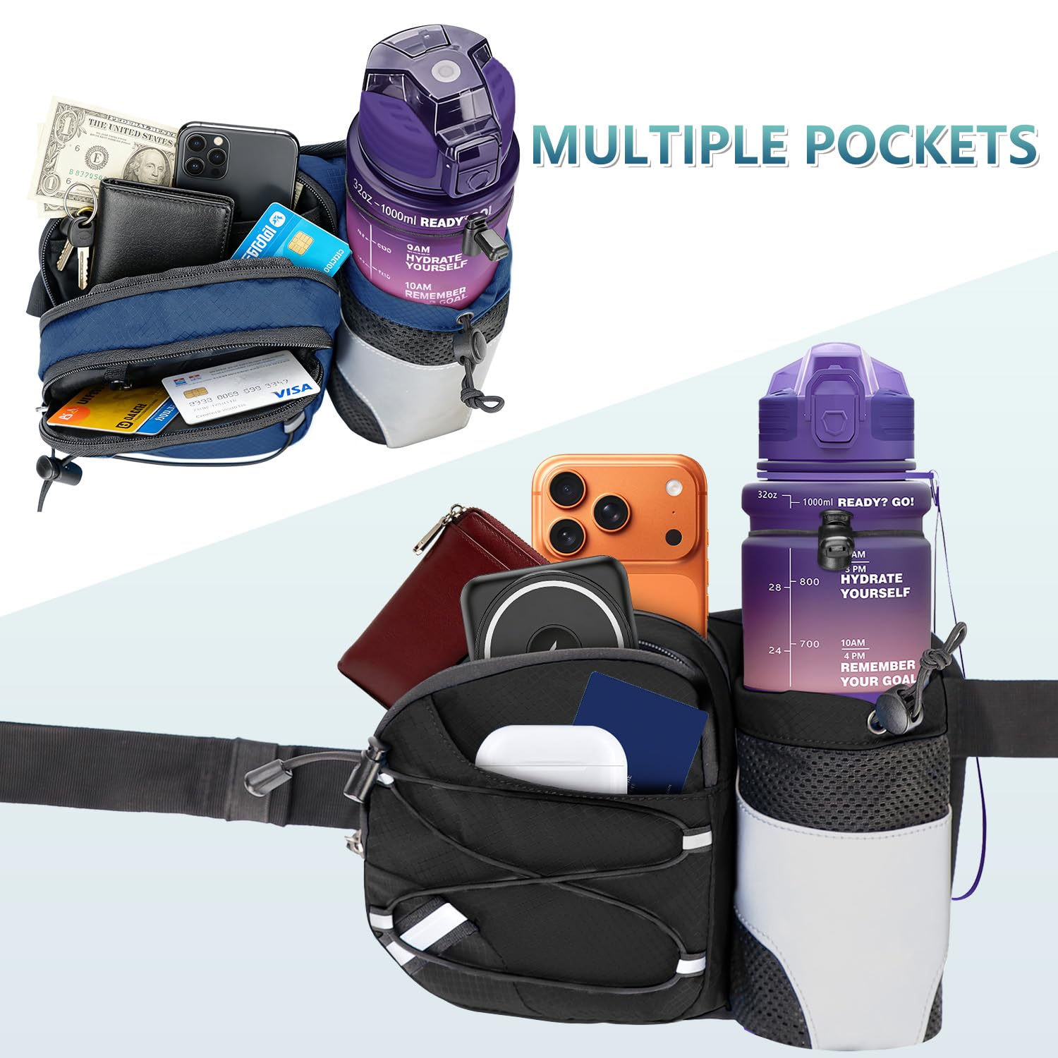 Gürteltasche mit Flaschenhalter Bauchtasche Trinkgürtel Gurt Verstellt Hüfttasche für Running Wandern Reise Camping Hundetraining für Damen und Herren