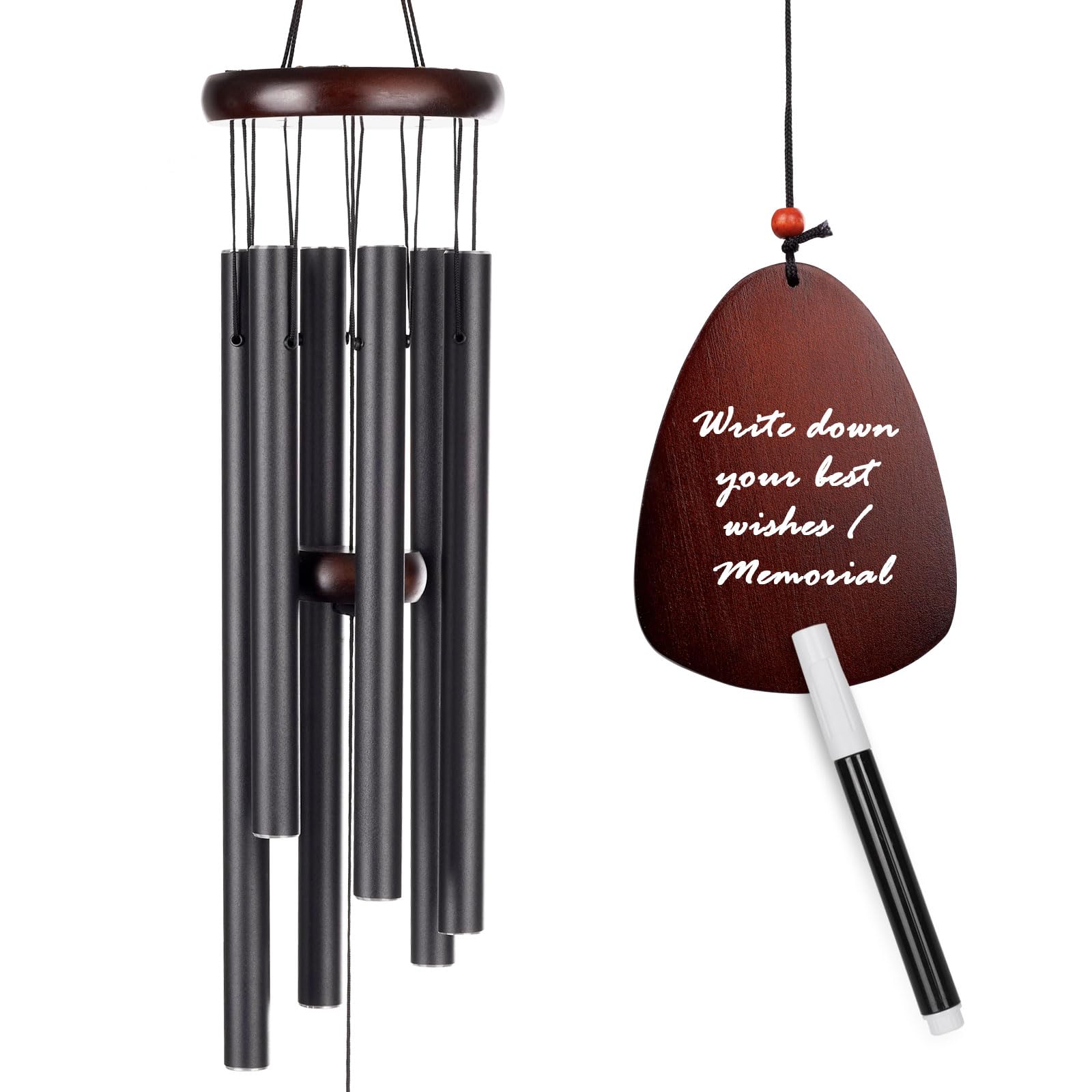 Wind Chimes for Outside 37" Deep Tone Outdoor Sympathy Windchimes Memorial Wood Beech Wind Chime Aluminum Tube for Patio Porch Garden or Backyard with White Highlight Pen, Black