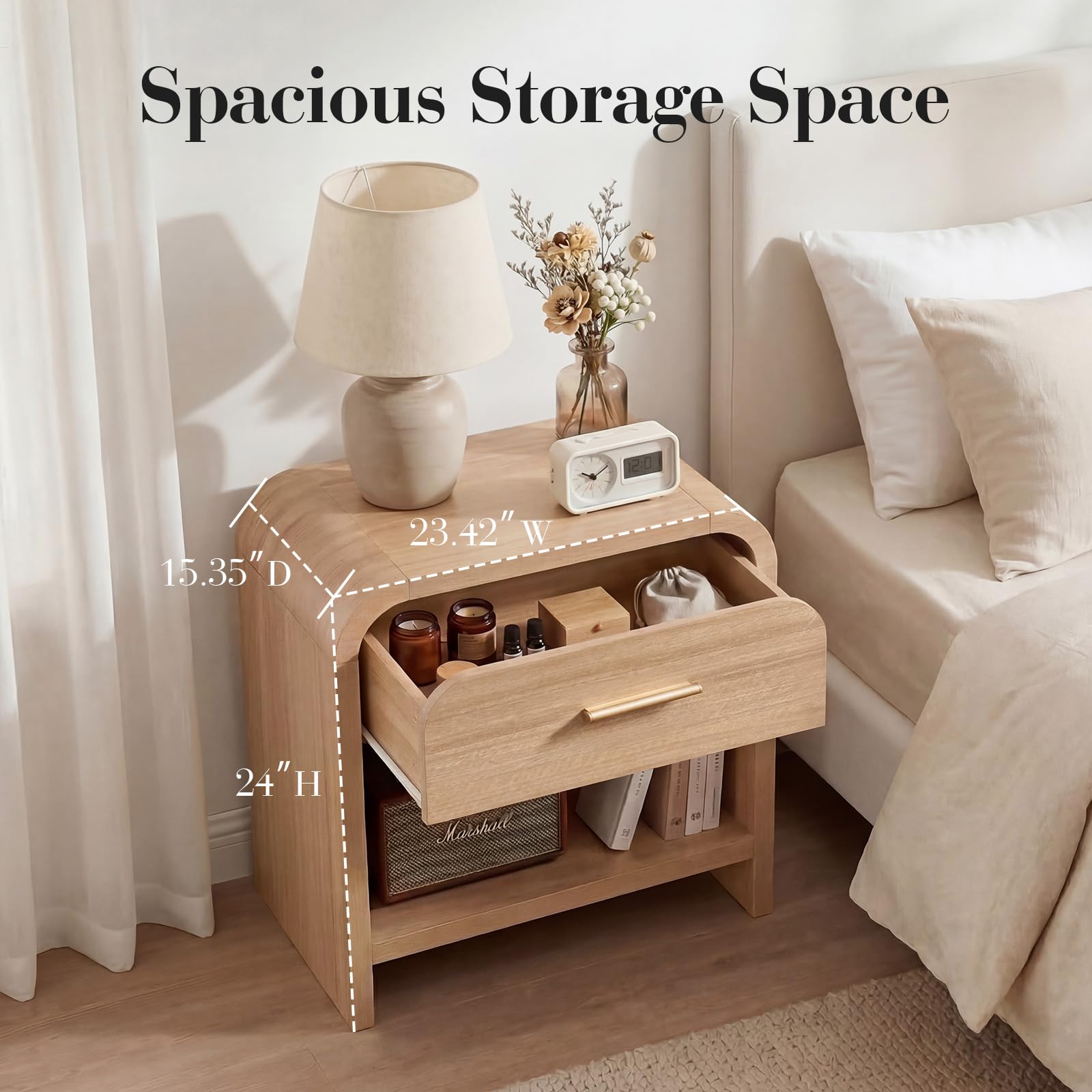 Condition photo showing New/Like New for night stand set of 2 [unique curved profile] [fsc-certified wooden board] 1-drawer and 1 storage shelf nightstand 24" h metal handle modern bedside table side table end table for bedroom