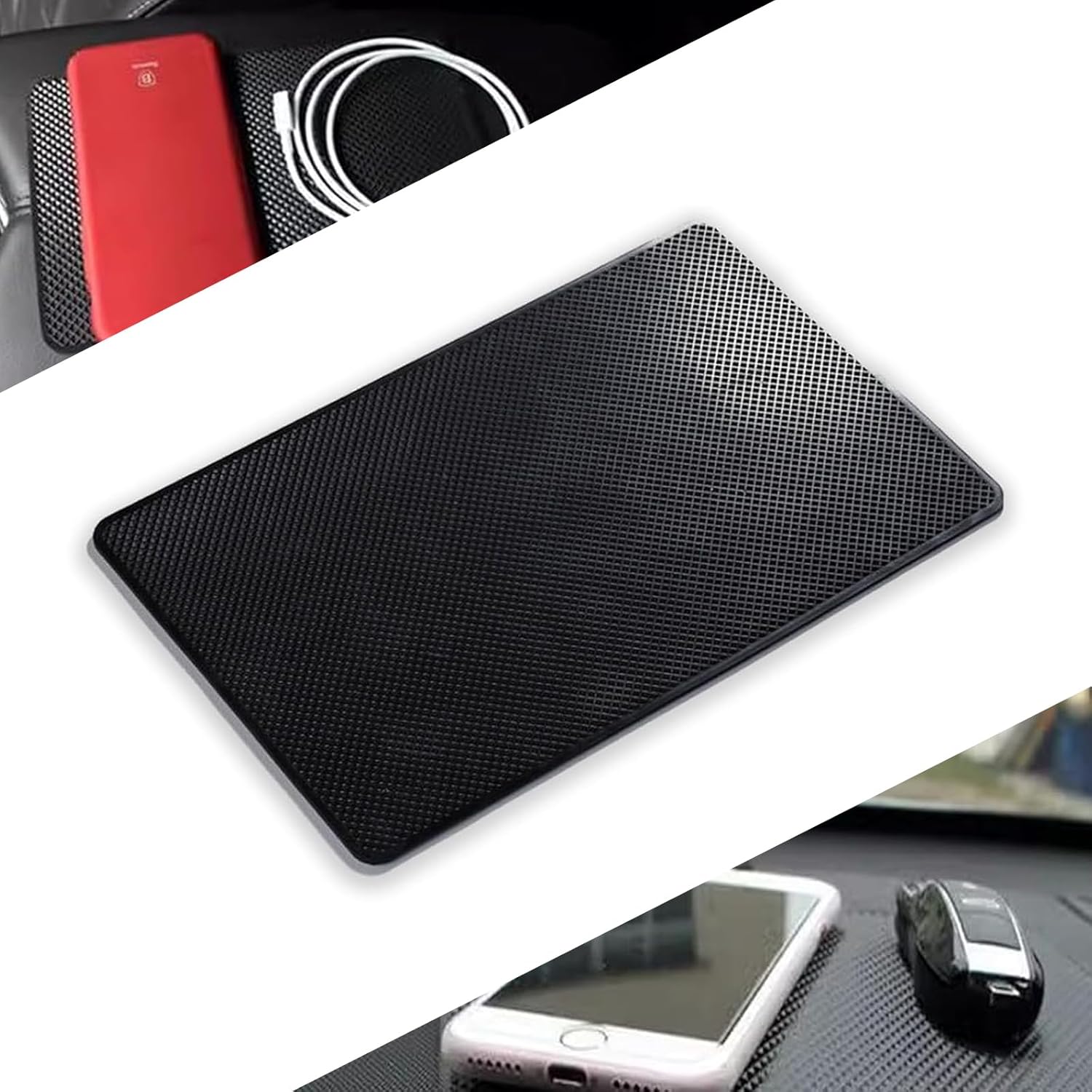 1 PC Car Center Console Anti-Slip Mat, 10.6" x 5.9" PU Grid Anti-Shock Anti-Drop Fixed Pad for Mobile Phone Keys, Cleanable and Reusable Adsorption Type Storage Pad, Universal for Cars (Black)