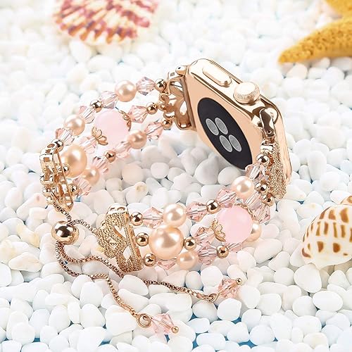 Miniatura 6 de fohuas Correa de cuentas compatible con Apple Watch de 1.496 in 1.575 in 1.614 in 1.654 in 1.732 in 1.772 in 1.929 in, cuentas de perlas de cristal