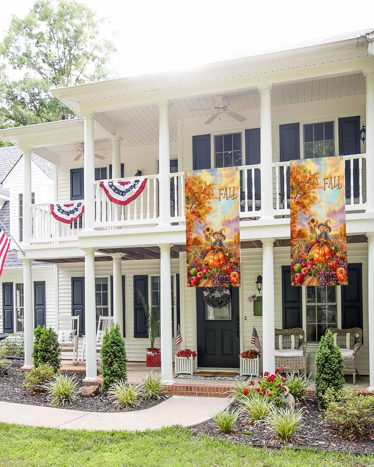 Fall Scarecrows Door Cover Decorations, Welcome Front Door Backdrop, Autumn Thanksgiving Farm Pumpkins Fruit Hanging Banner Sign for Holiday Party Supplies Indoor Outdoor Door Decor 35.4x71 Inch