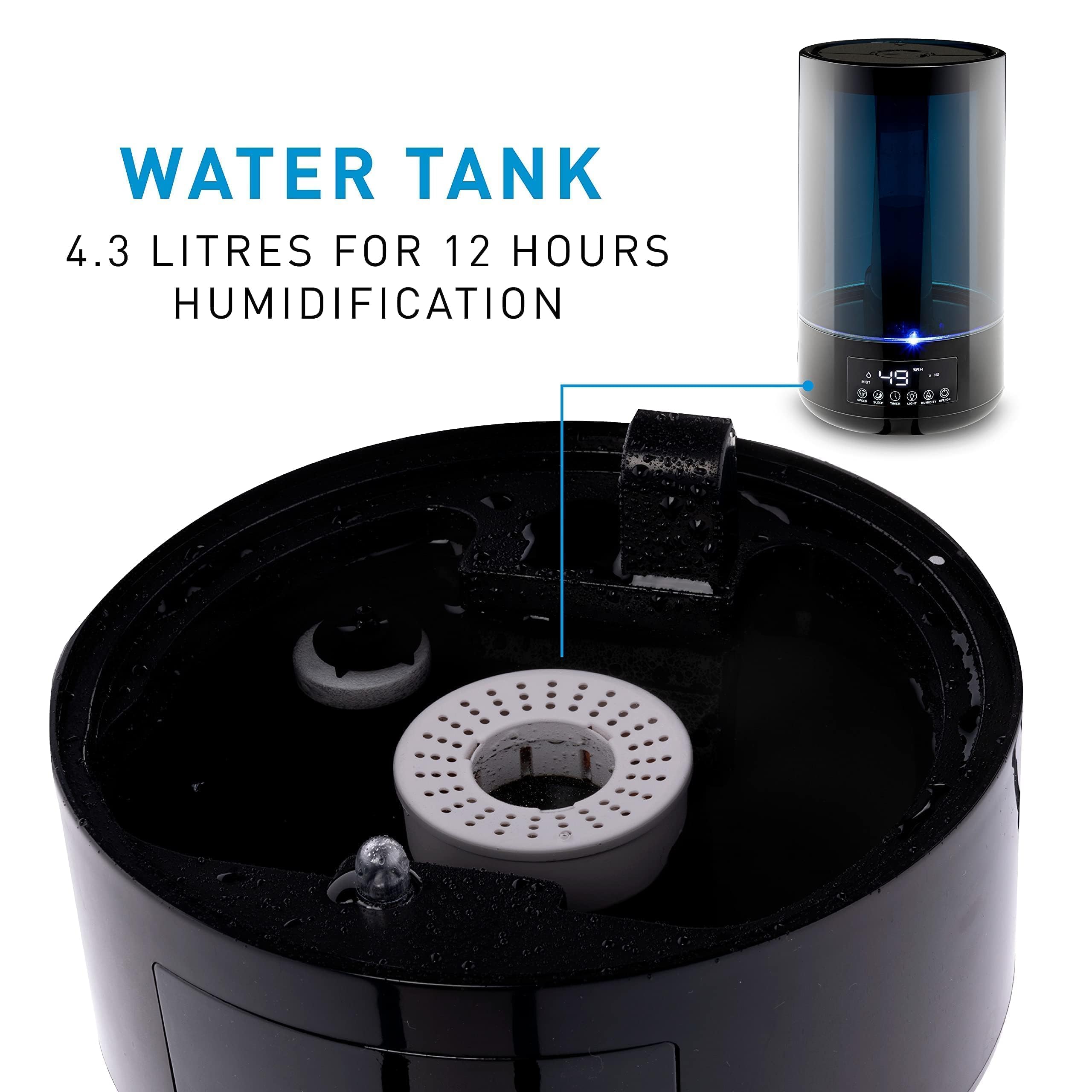 Grundig Luftbefeuchter und Aroma Diffuser 4,3L - Diffuser Ätherische Öle - Humidifier mit Hygrometer und Zeitschaltuhr - Räume der 15 zu 35m2 - mit Nachtlicht - Schwarz