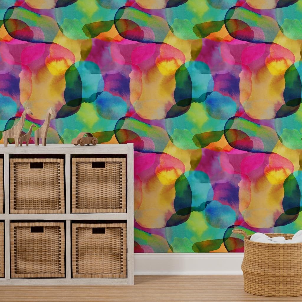 Removable Wallpaper 12ft x 2ft - Abstract Watercolor Rainbow Paint Colourful Bright Pastels Colorful Room Custom Pre-Pasted Wallpaper by Spoonflower