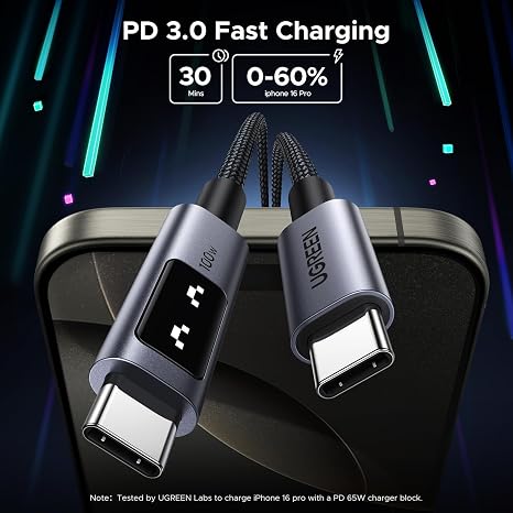 UGREEN Uno USB C Cable 100W with LED Display, Fast Charging, 1.6ft, Black