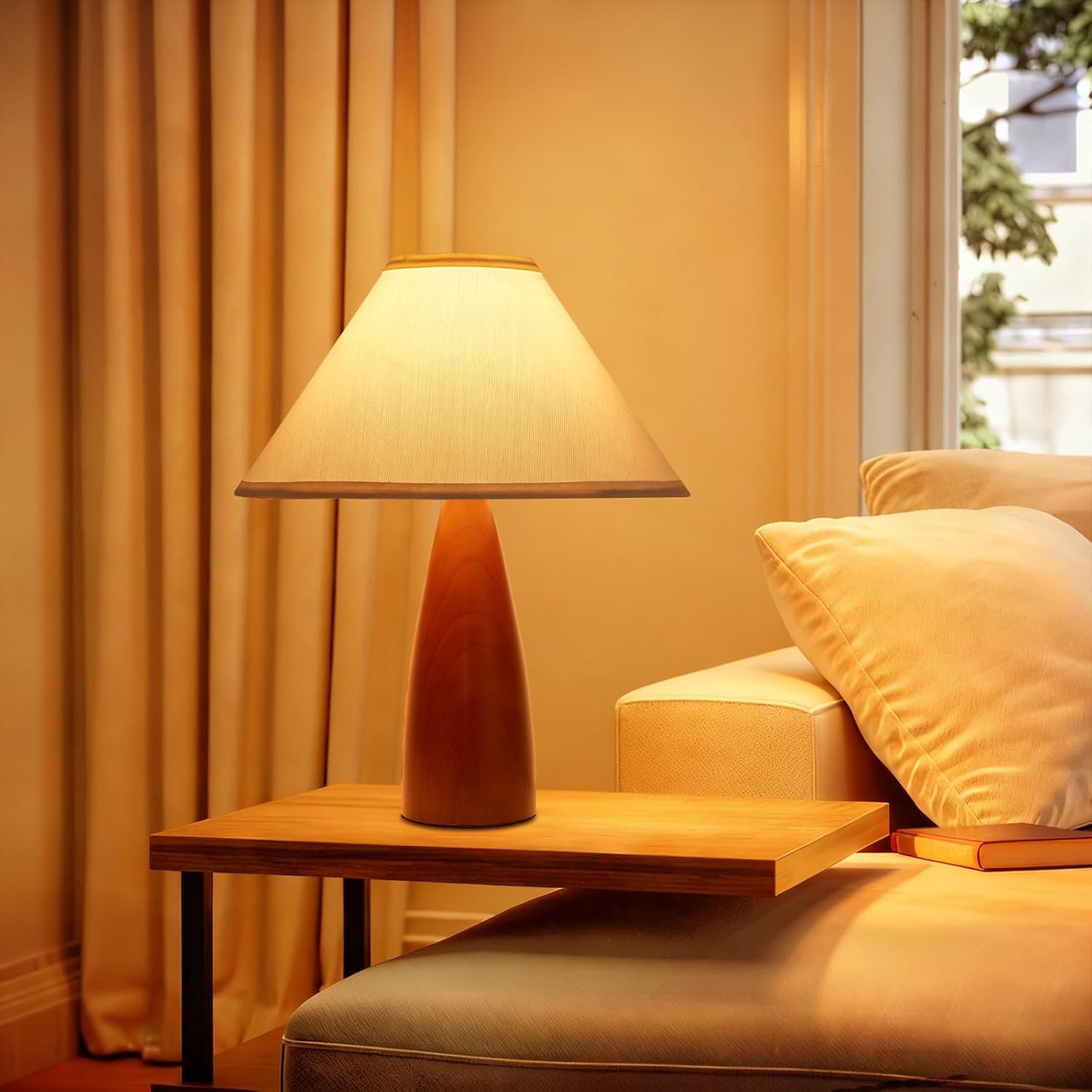 Bedside Table Lamp for Bedroom, Mid-Century Modern Plug in Fabric Shade & Solid Wood Base Desk Lamp, Plug & Play Red Wood Nightstand Lamp for Living Room, Office 【Bulb Included】