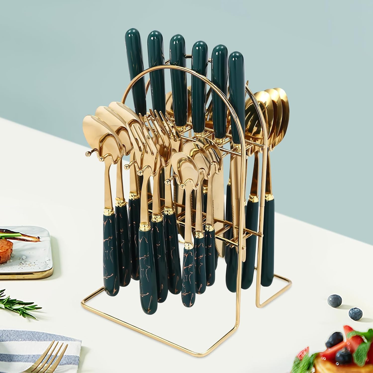 Ensemble de Couverts, Jeu de Couverts 24 pièces, Ensemble de Couverts en Acier Inoxydable avec Support de Suspension pour 6, Couteau à cuillère et Ensembles de Fourche pour la Cuisine à domi