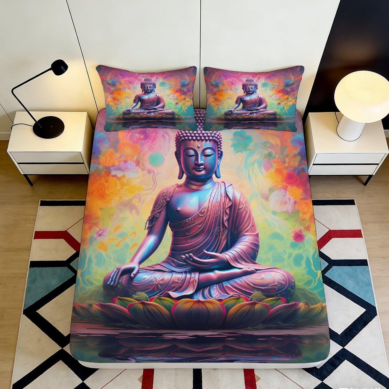 3D Printed Buddha Meditation Art Fitted Sheet Microfiber Colourful Zen Lotus Mattress Cover Bedroom Decor 90x200x25cm