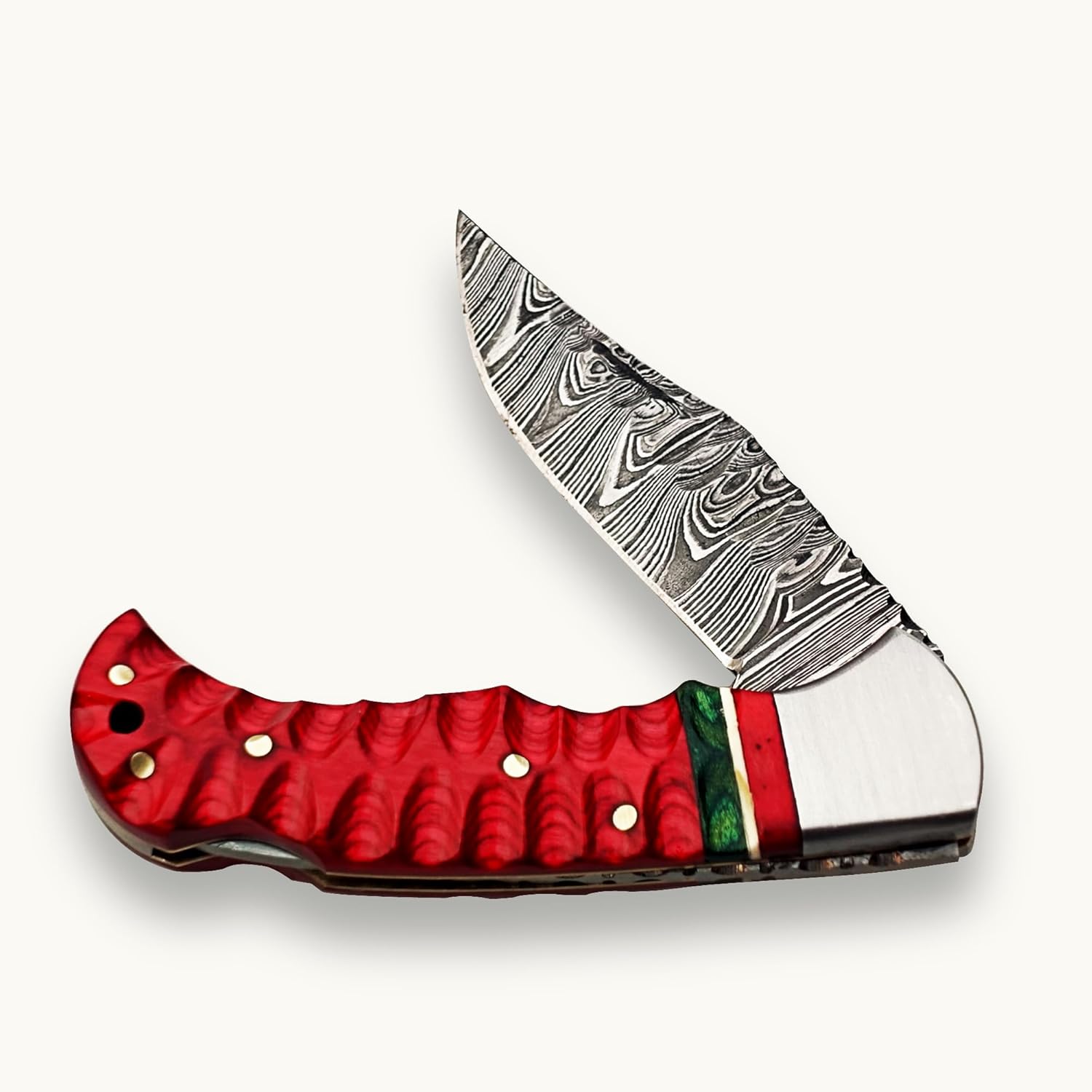 Damascus Steel Folding Pocket Knife – Red Wood Handle with Green Accent, Handmade EDC Knife with Leather Sheath, Hunting Camping Outdoor Knife – Gift for Dad, Groomsmen (With Groves on Handle)