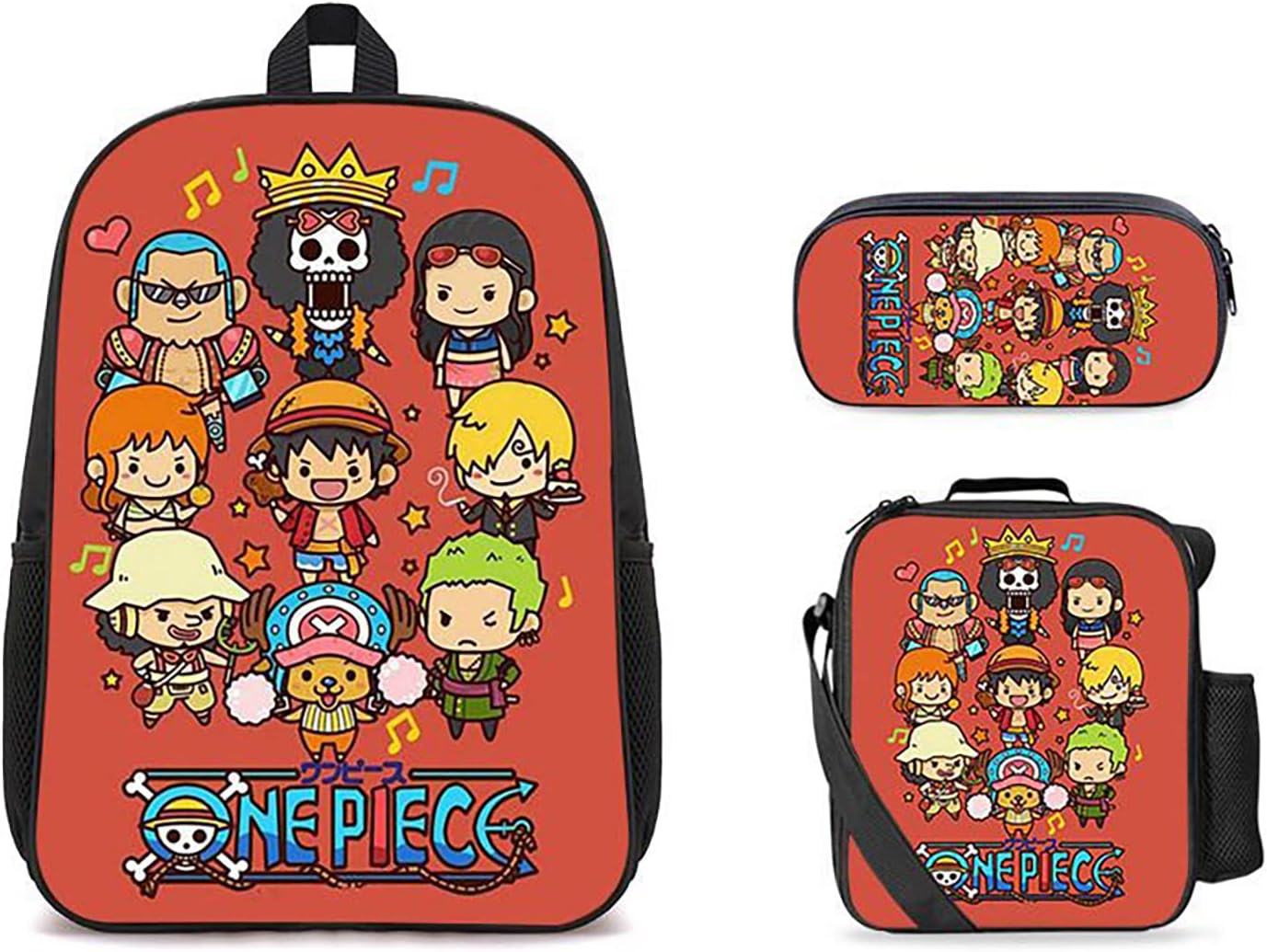 BOONEE On.e Piece 3 Piece Children's Backpack Set,Anime Rucksack Waterproof Bookbag,Students School Bag with Thermal Lunch Box Pencil Case-H||Set of 3