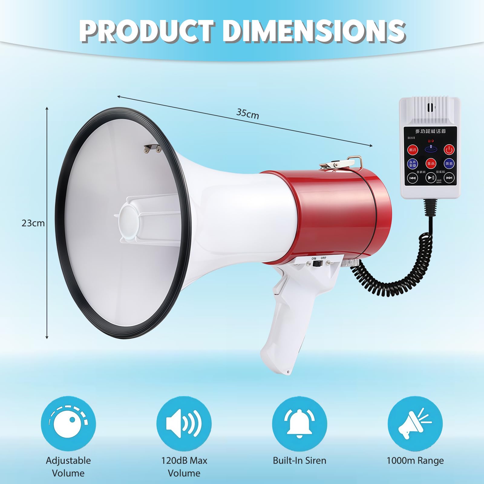 Megáfono 50W 1000m Sirena Micrófono Grabación 260S Bluetooth Correa Ajustable Rojo