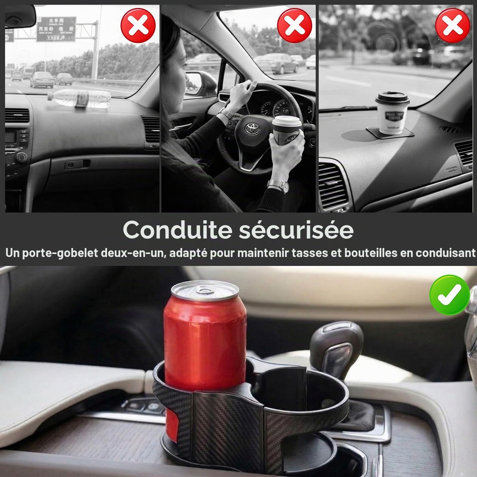 Porte-Gobelet de Voiture 2 en 1 pour Porte-gobelet de Voiture, Double Porte-Gobelet Universel avec Support Réglable, Ouverture élastique Ouverte, Ajustement Universel de 6 à 8.5 cm