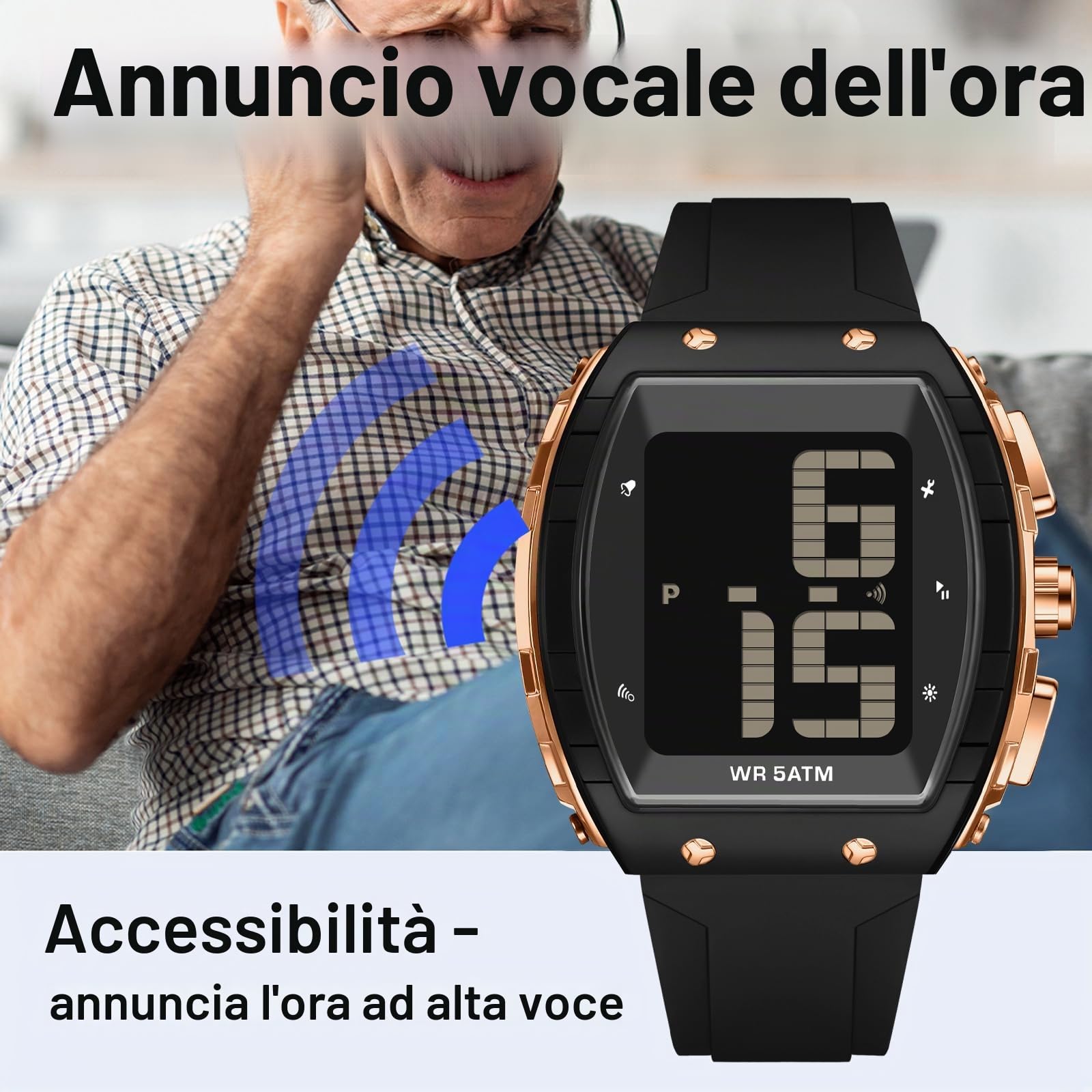 findtime Digital Watch for Seniors English Time-Telling Extra Large Numbers Display Alarm Waterproof Wrist Watches for Elderly Visually & Hearing Impaired Easy to Read Watches for Men Women