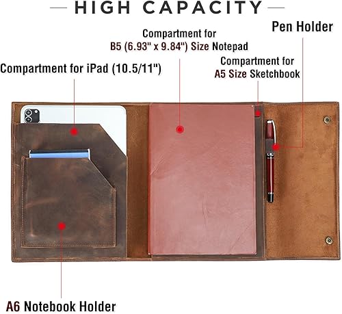 Vista 21 de Top Grain Leather Cartera grande de 12.9 pulgadas, diseño retro hecho a mano, gran capacidad, multifuncional, con cremallera, soporte para tarjetas