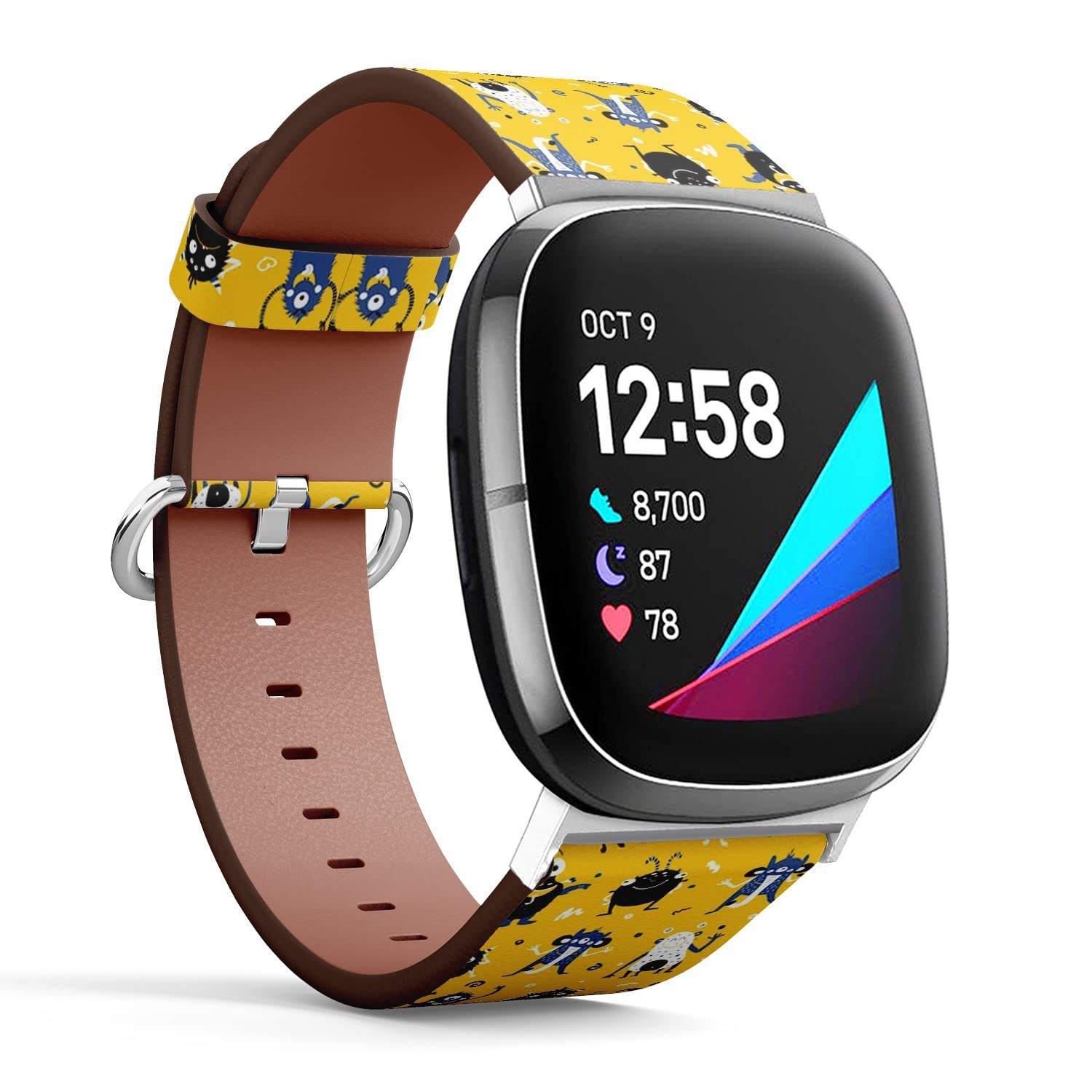 CJBROES Replacement Leather Watch Band, Compatible with Fitbit Versa 3 and Fitbit Sense of Wristband Bracelet Accessory - Funny-Monsters