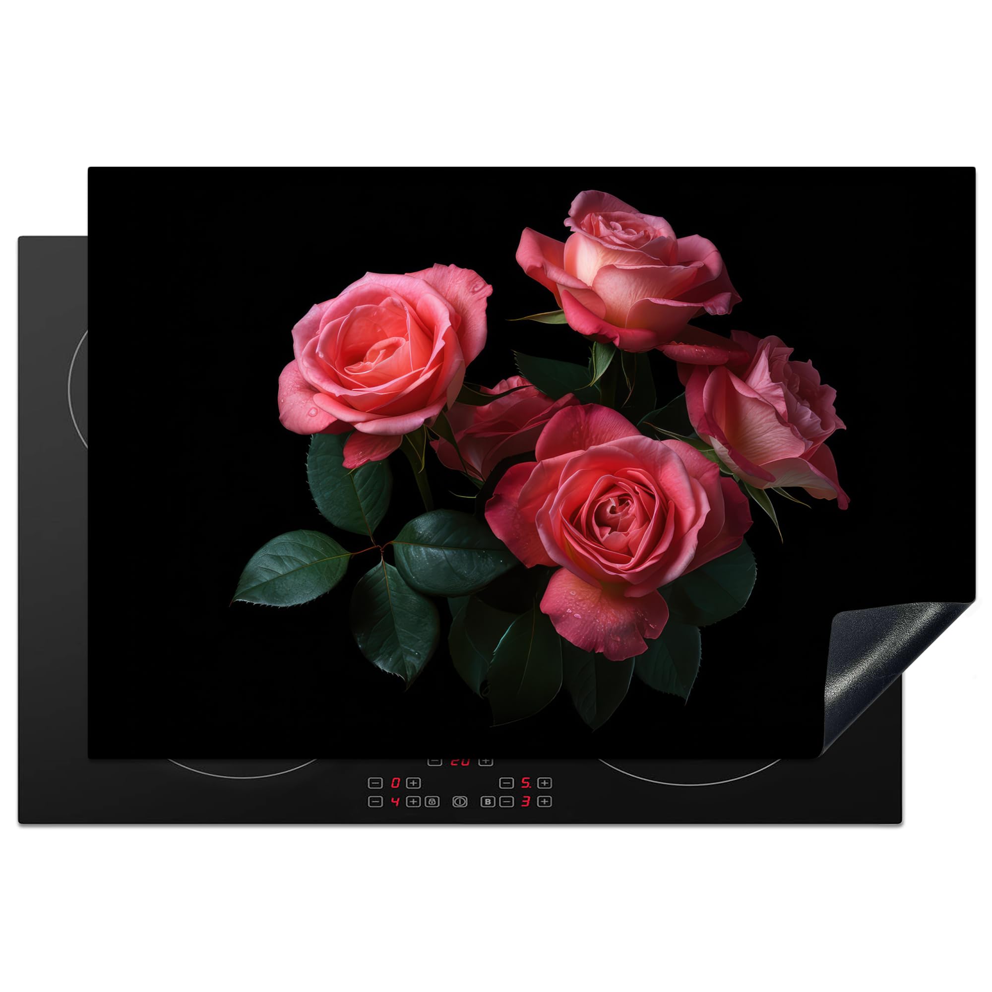 KitchenYeah© Induction Hob Protector Mat 20.5"x30.7" / 78x52 cm Stove Cap Top Cover Kitchen Cooker Covers for Electric Hobs Vinyl Roses - Pink - Flowers - Nature - Black