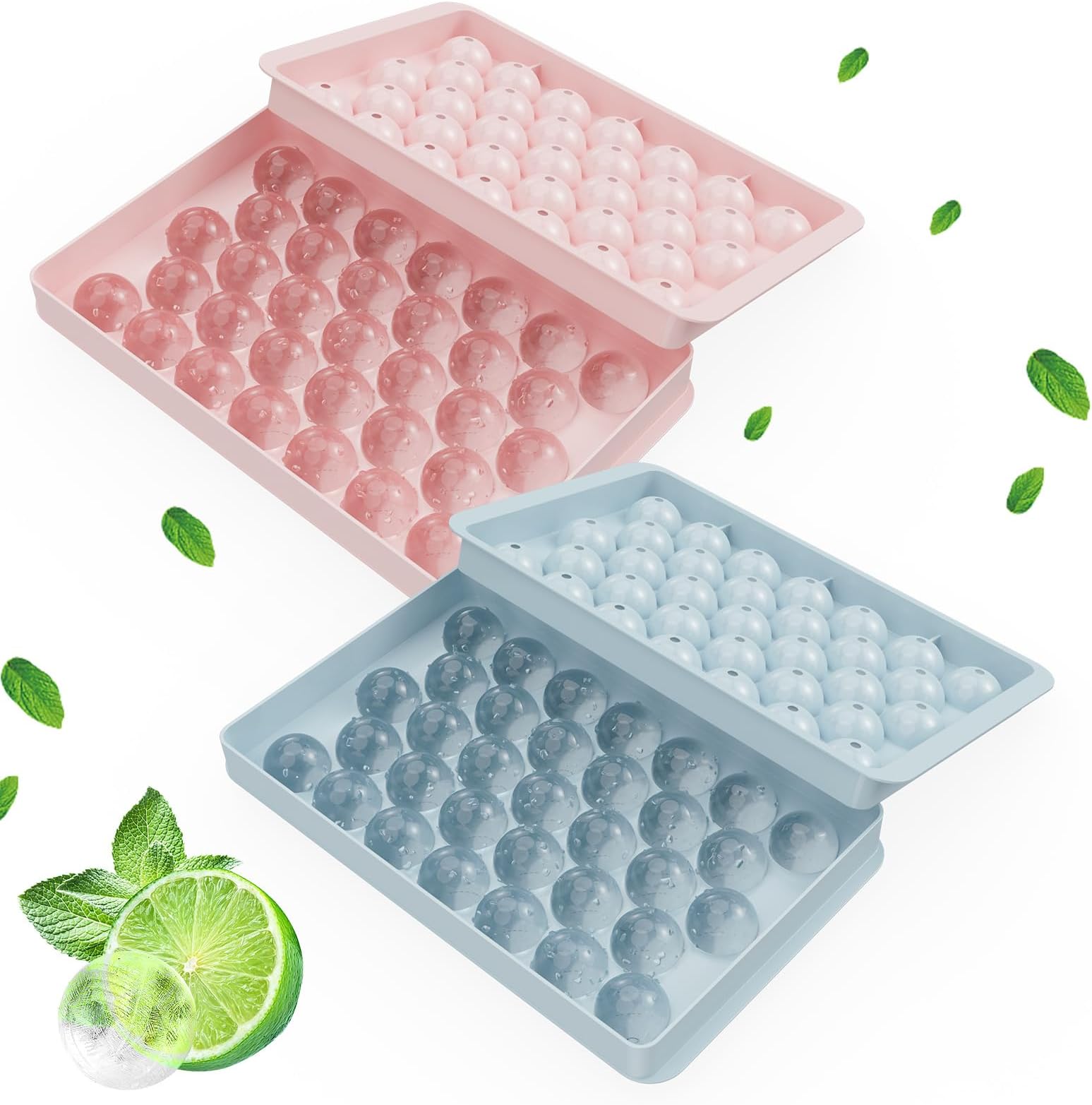 Round Ice Cube Tray with Lid, 66 Ice Ball Molds for Freezer, Easy to Remove Sphere Ice Making Mold for Water Whiskey Cocktail Tea Coffee (Blue+Pink)