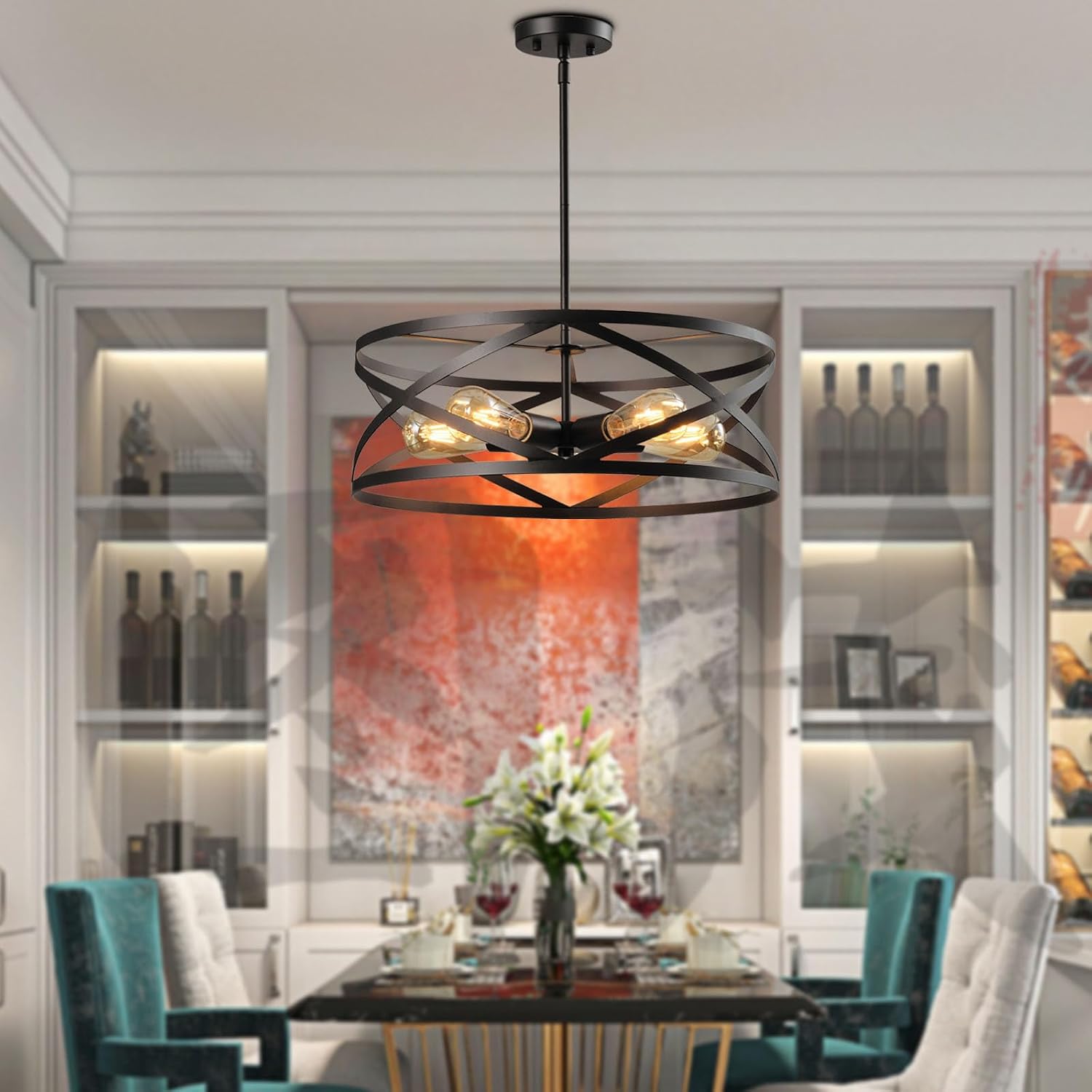 Maxax 5 - Light Lantern Geometric Chandelier, Industrial Pendant Light with Wrought Iron Accents, Drum Ceiling Light Adjustable Height for Dining Room Kitchen Island Living Room