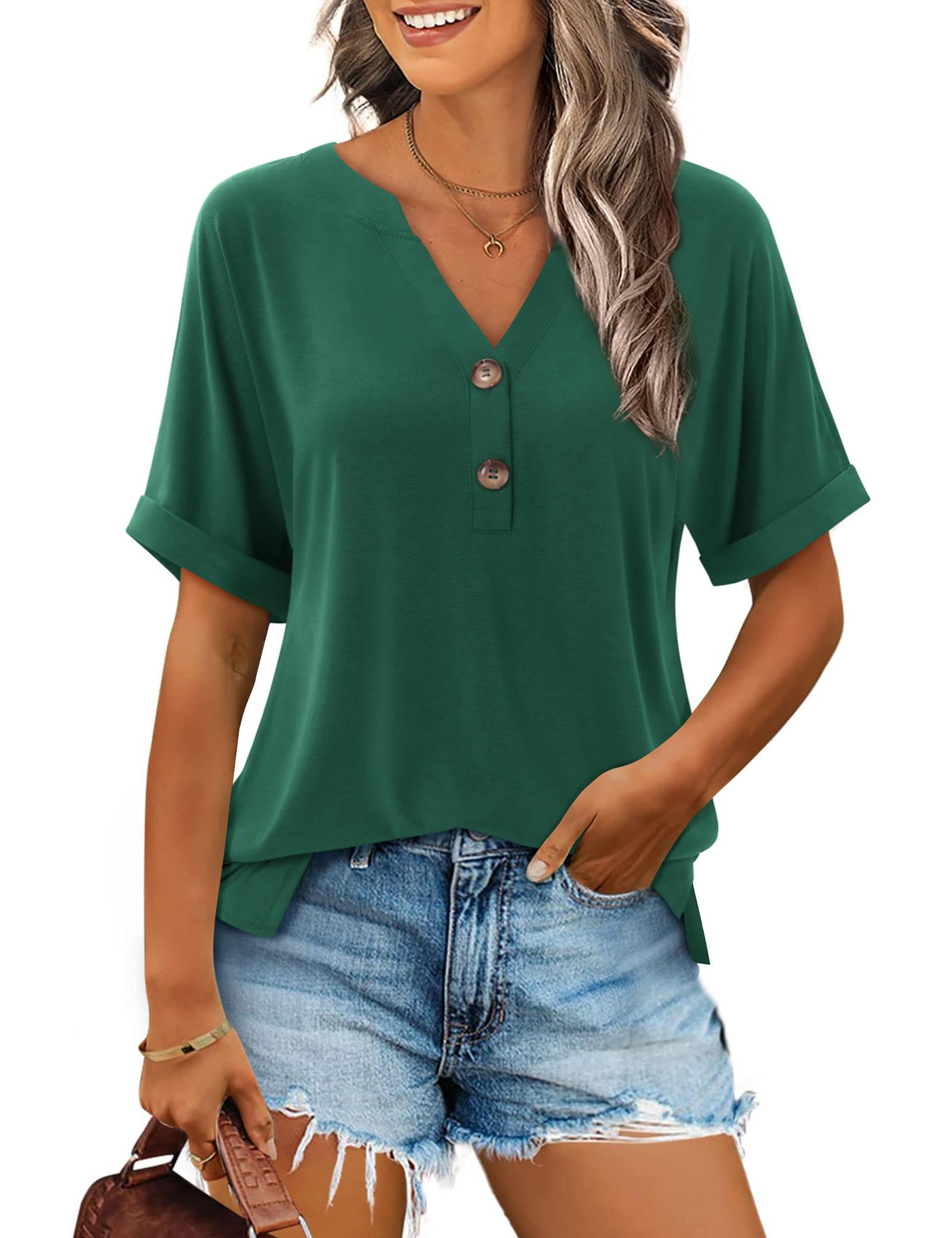 Beluring Shirt Damen Sommer Kurzarm T-Shirts V-Ausschnitt Locker Oberteile Dunkelgrün XXL