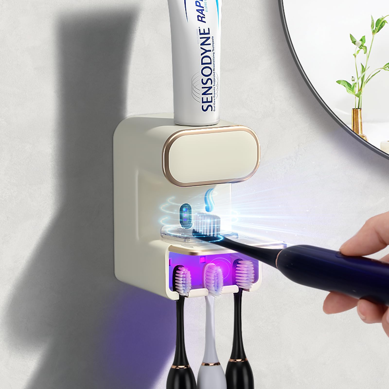 Automatic Toothpaste Dispenser, Electric Toothpaste Dispenser for Bathroom, Toothpaste Dispenser Wall Mounted with 3 Toothbrush Slots, Toothpaste Dispenser and Holder for Kids and Adults (Beige)