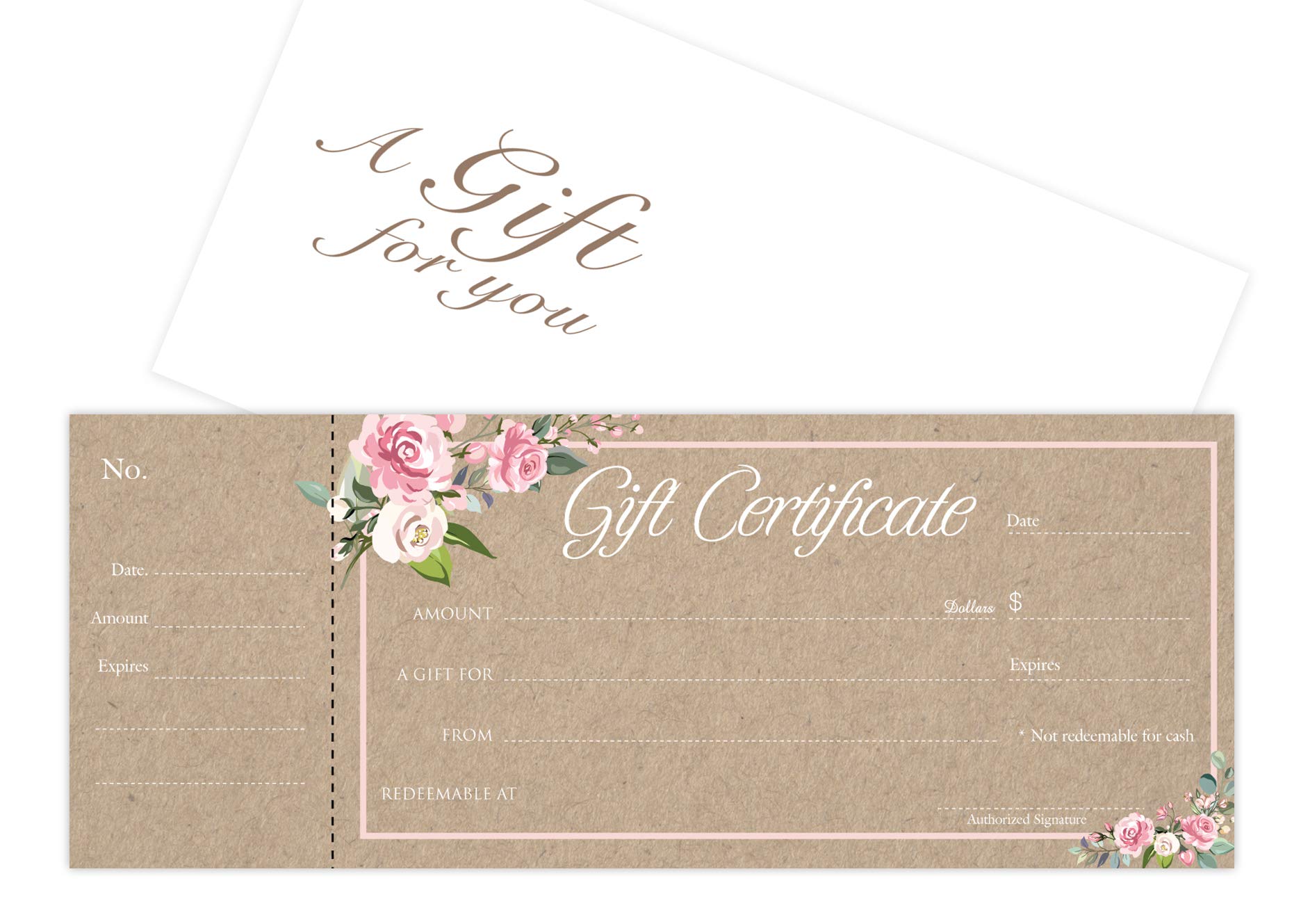 Blank Gift Certificates 25set, Rose Kraft Image, gift certificate for business, Comes with Free matching Envelopes, Sequential Number - Small Business, Restaurant, Spa, Beauty Salon
