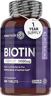 Biotin Hair Growth Supplement 12000mcg - 365 Vegan Biotin Tablets (1 Year Supply) - Hair Skin and Nails Vitamins for Women and Men – High Absorption D-Biotin - Made in The UK