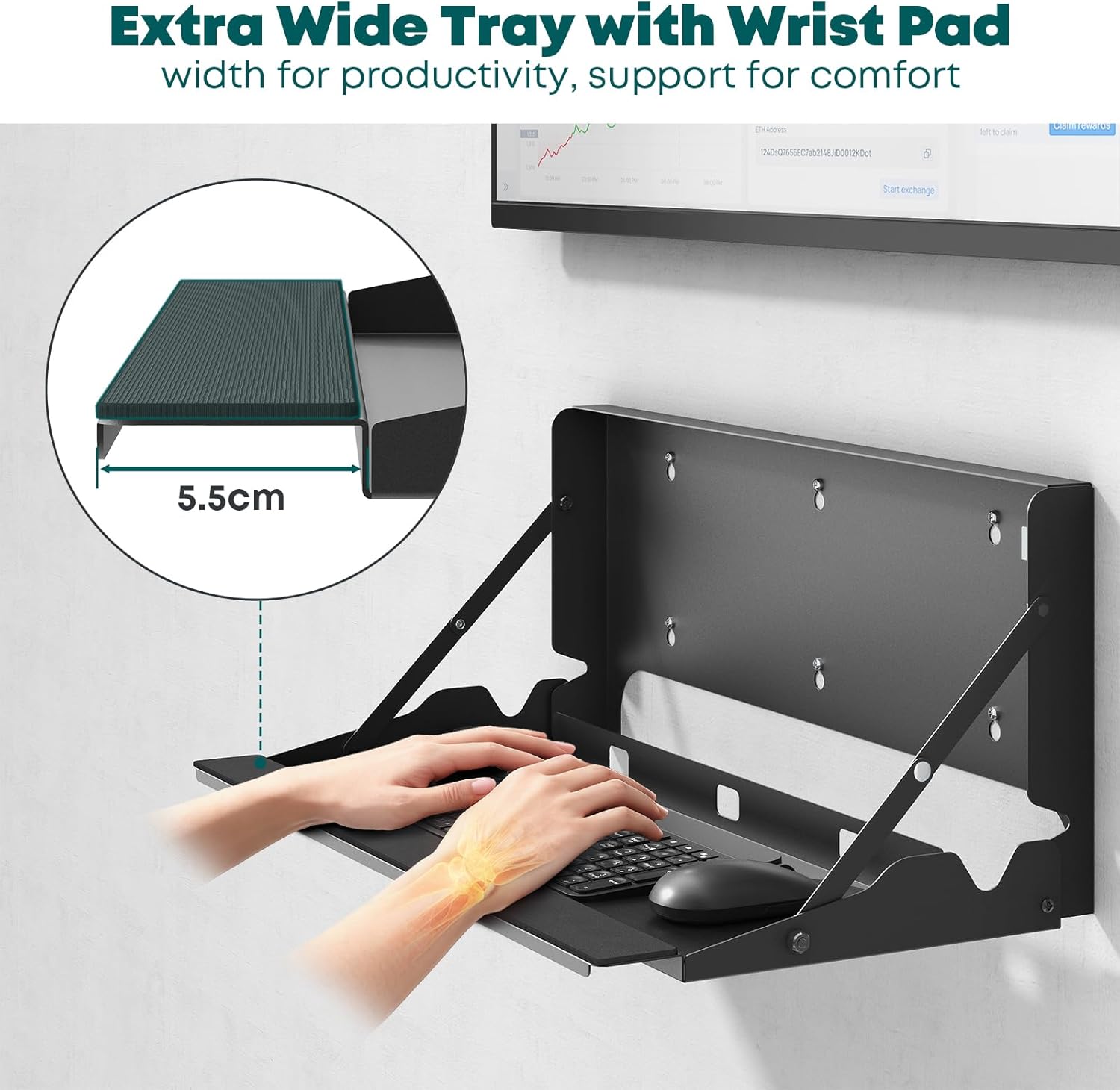 Flip Down Wall-Mount Keyboard Tray - 24 Inch Keyboard Holder, Typing Platform Tray, Mouse Pad and Wrist Pad Included, Holds Up to 22 lbs, Black