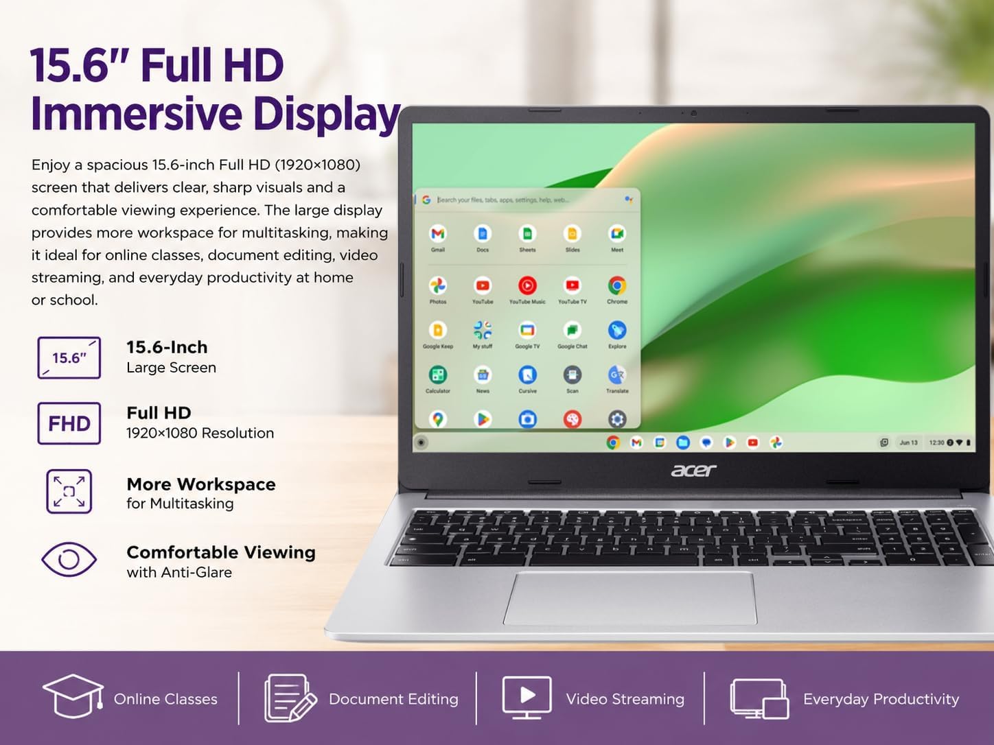 Acer Chromebook 15.6" FHD Laptop, Intel Processor N4500, 4GB RAM, 64GB Storage, ChromeOS with Gemini AI, Numeric Keypad, Long Battery Life, for Education, Students & Everyday Use image 2