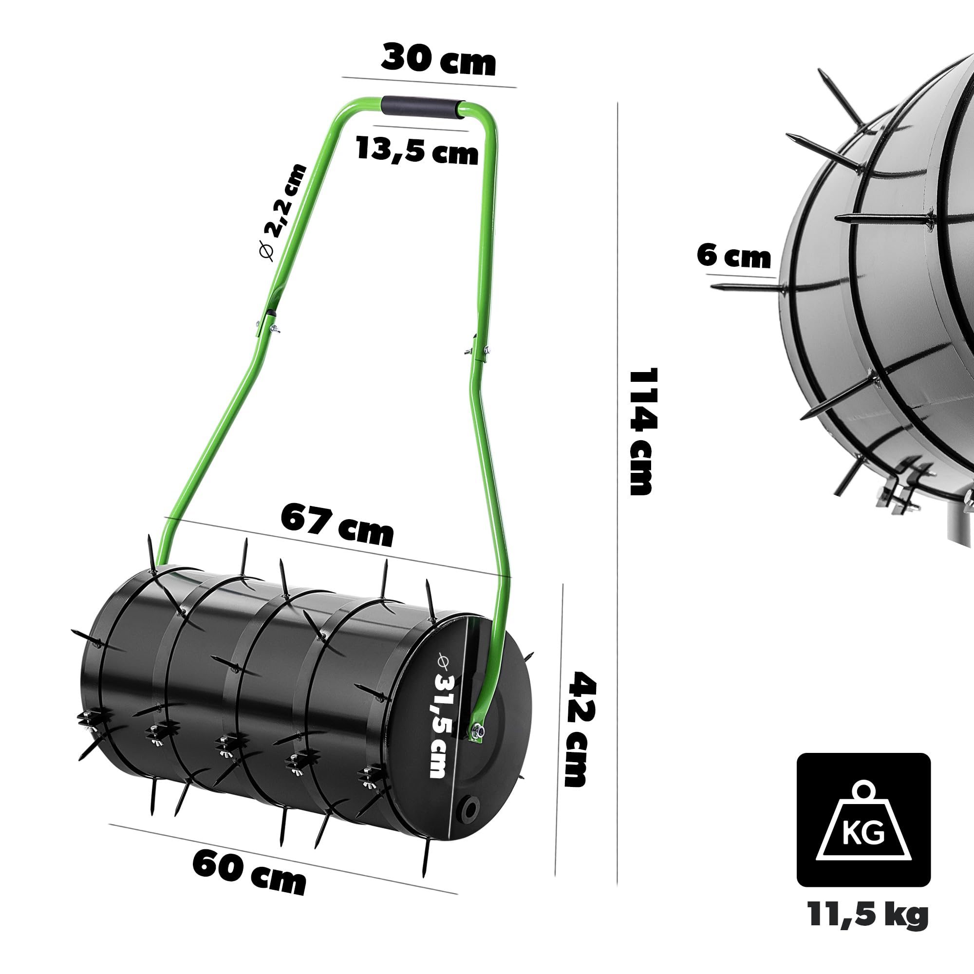 KADAX Rouleau aérateur de pelouse, 60 cm, remplissable d'eau ou de sable, avec clous de 6 cm, en acier, avec pointes pour une aération efficace de la pelouse