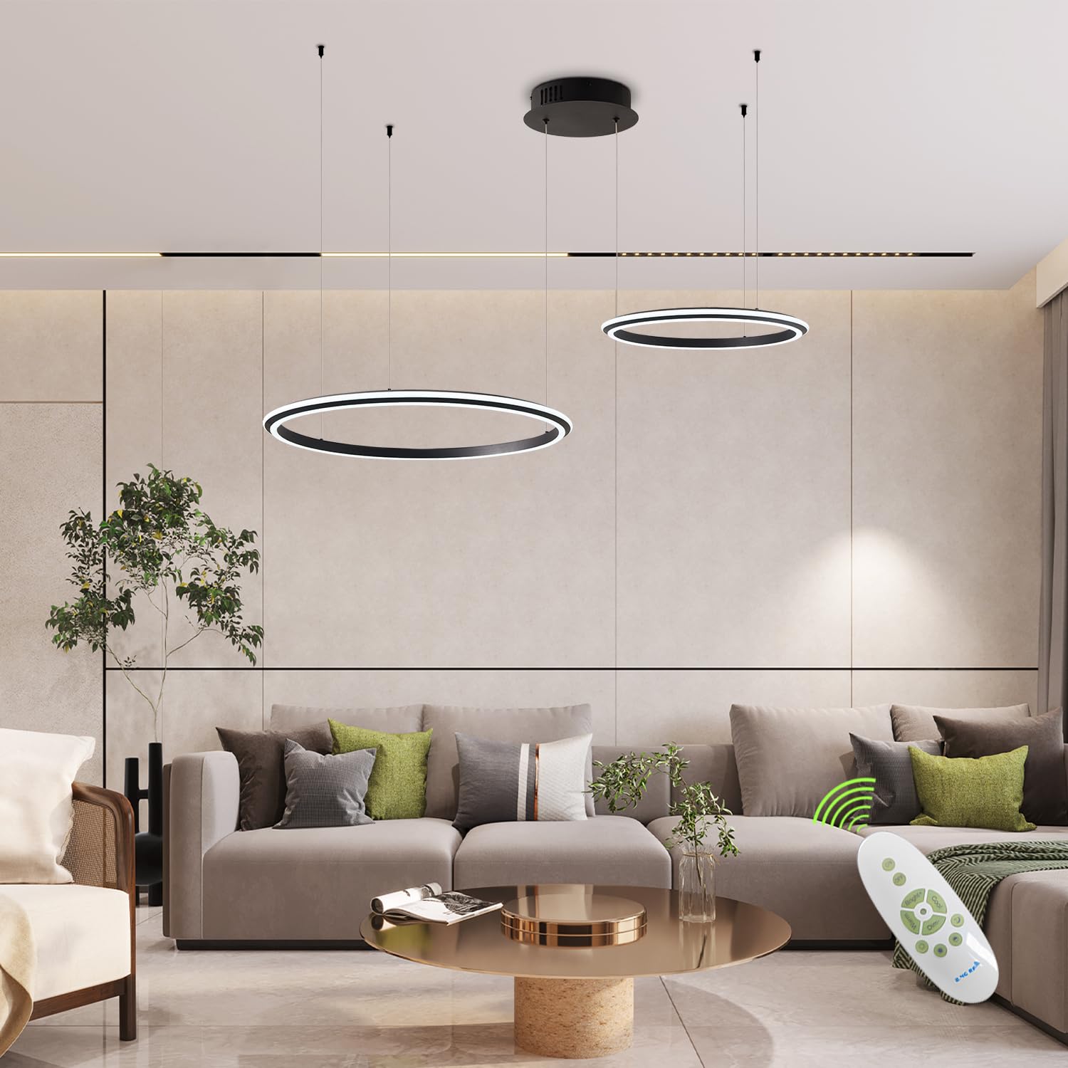 HiHiHomyModern Led Chandelier,Upgrade 2 Ring Modern Chandelier Light Fixture, Led Pendant Light with Dual Sided Led Strips,Dimmable with Remote,Higher Transmitting for Dining Room,Kitchen Island