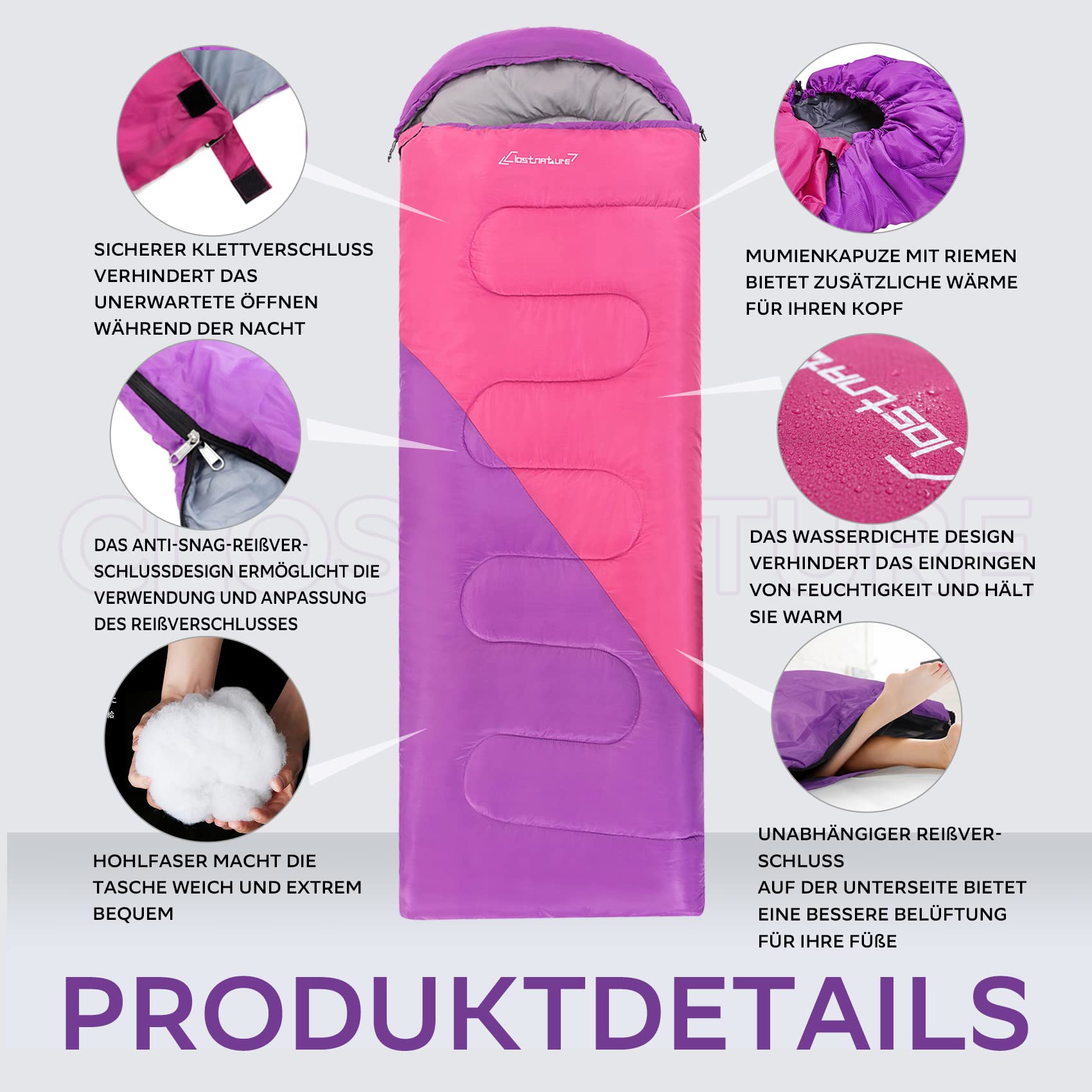 Clostnature Schlafsack Outdoor mit Erwachsene, Leichter Schlafsäcke für Camping, 3-4 Jahreszeiten Deckenschlafsäcke mit Kleines Packmaß für Damen, Herren, Wandern, Bergsteigen(Rechter Reißverschluss)