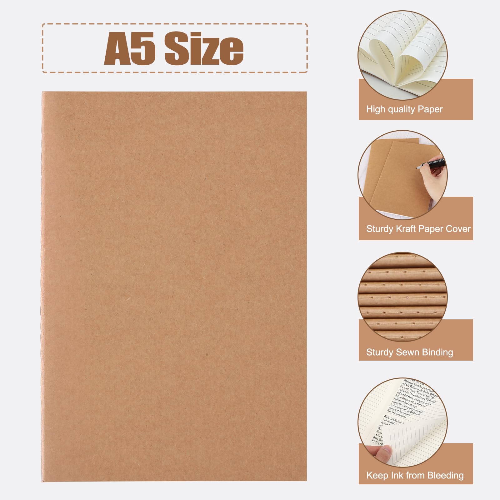 EOOUT Notatniki Kraft w linie A5, 48 sztuk, dzienniki podróżne, 21 x 14 cm, zeszyty z tematyką w linie uczelni, 30 arkuszy, 60 stron do pisania, szkolne materiały biurowe