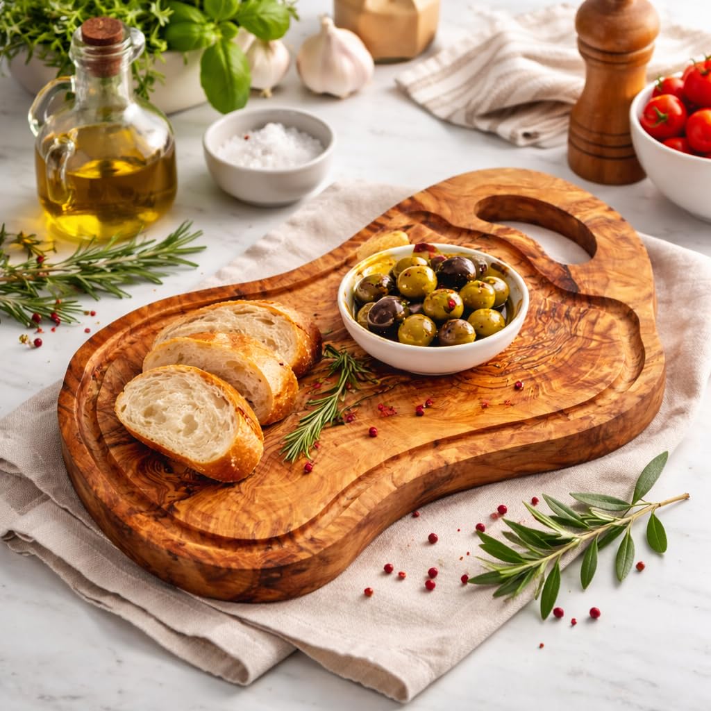 Tabla de cortar artesanal con rigole y mango de madera de olivo natural para cocina profesional, hecha a mano, 40 cm