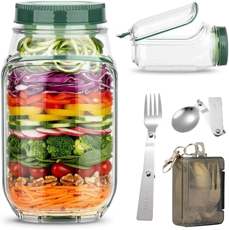 Tarro de ensalada con apertura lateral, contenedor de almuerzo Mason Jar Pod para preparación de comidas, coctelera de ensalada hermética a prueba de fugas con contenedor de aderezo, sin BPA y apto para lavavajillas para oficina y viajes