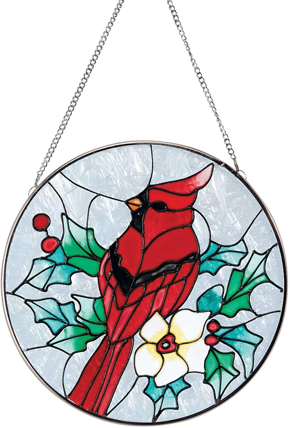 Cardinal Suncatcher, Stained Glass, Includes Hanging Metal Chain, Window Décor, 6” Diameter
