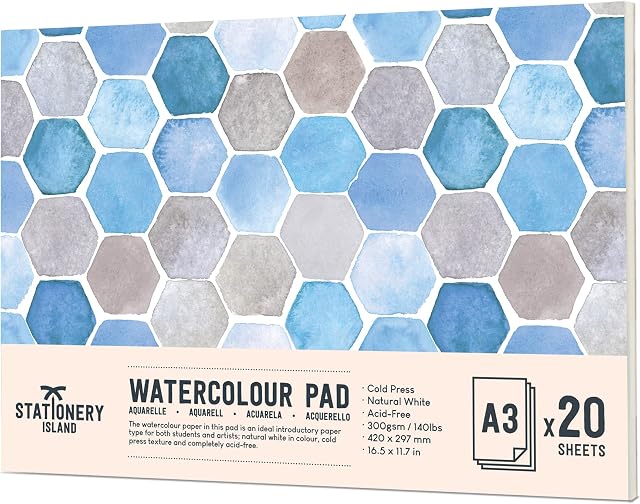 STATIONERY ISLAND Watercolour Paper 300gsm A3 Water Colour Art Pad 20 Sheets Watercolor Sketchbook for Artist Student Kids Landscape Painting, Drawing and Sketching