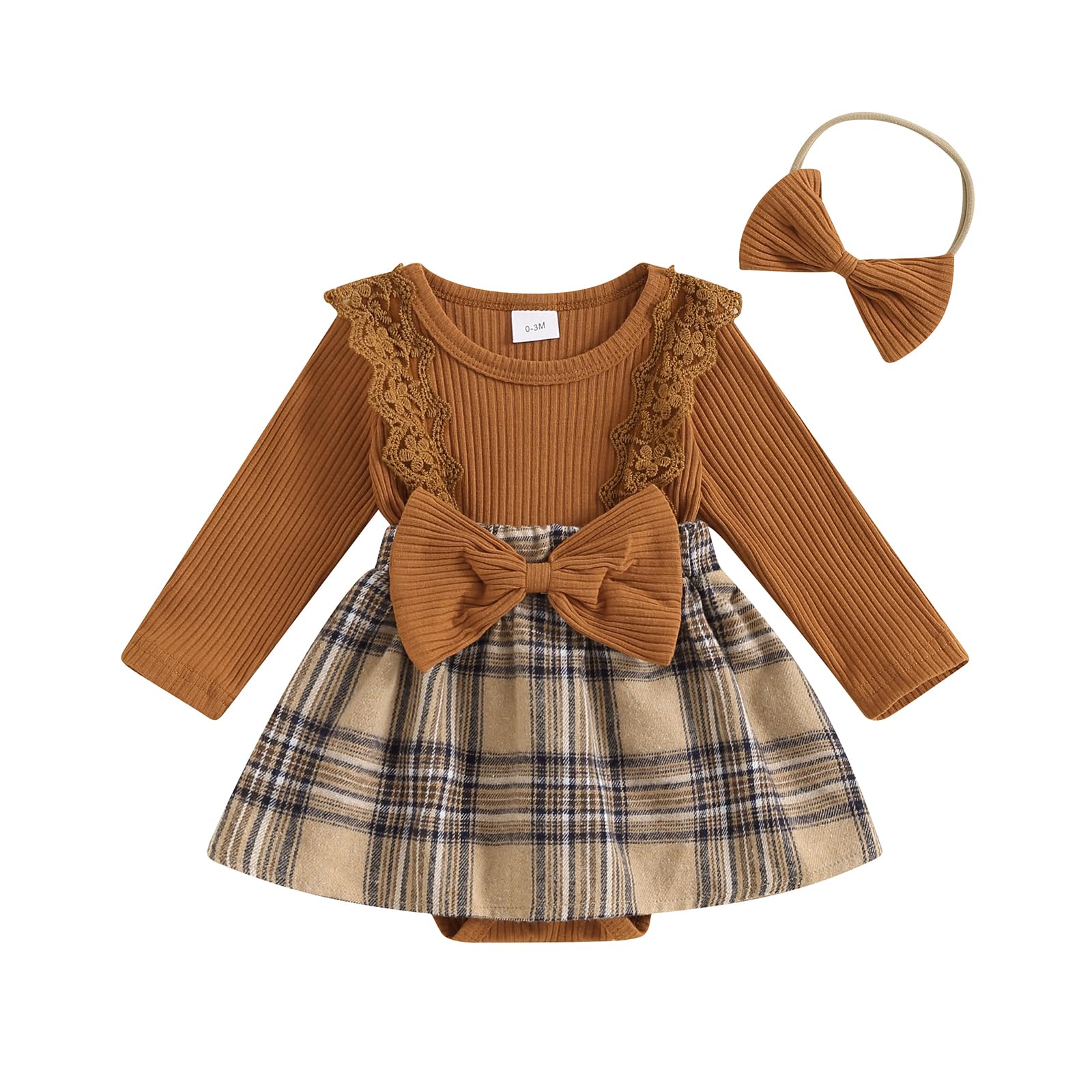FOCUSNORM Newborn Baby Girl Outfits Infant Long Sleeve Plaid Print Romper Dress with Headband Set Infant Fall Winter Clothes (Plaid Coffee, 0-3 Months)