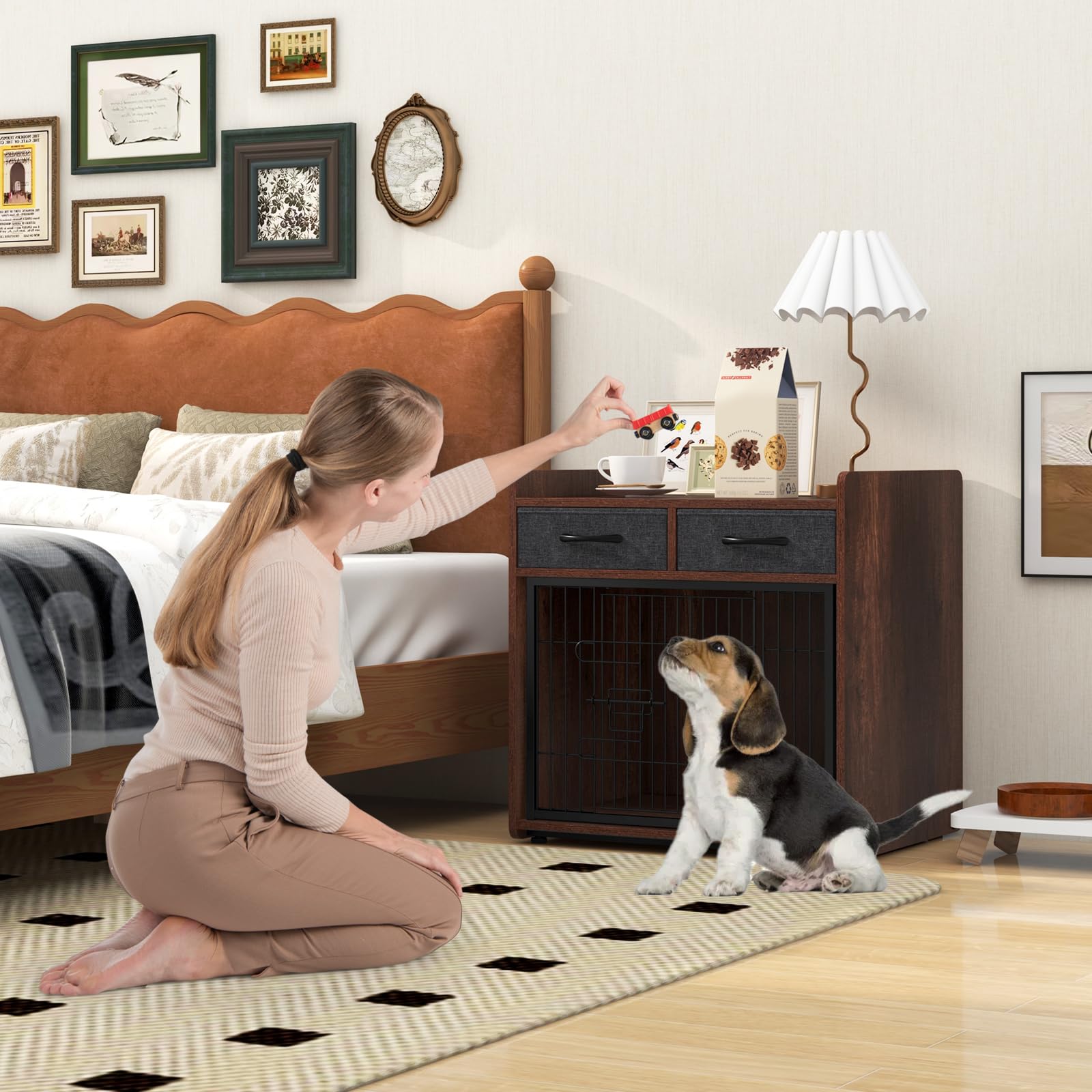 GOPLUS Mueble para Perros, Caja de Madera con 2 Cajones de Tela, Puerta Bloqueable, Caseta para Perro Interior, Mesa de Caja Resistente para Perros Pequeños y Medianos