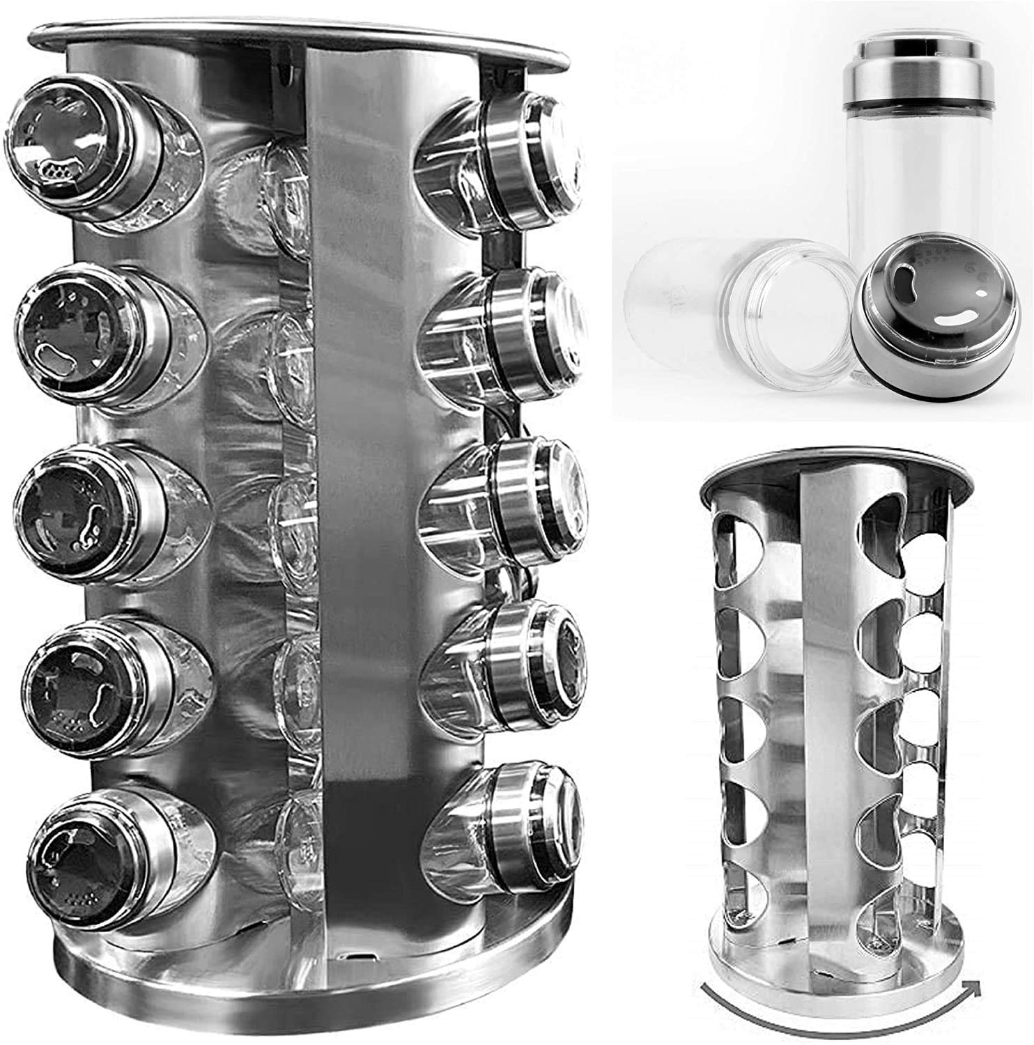 MORADIYA FRESH (LABEL) Glass Jars Stainless Steel Seasoning Storage Revolving Round Spice Tower Rack, Silver, Standard, Set of 20