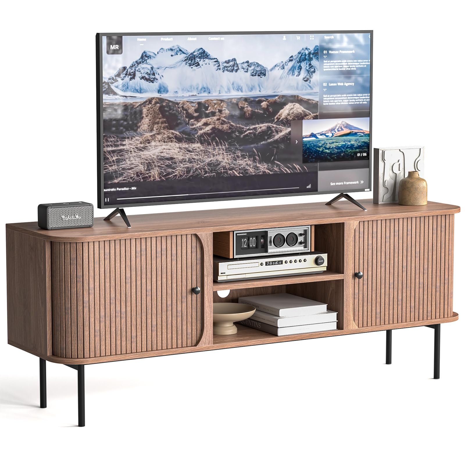 Yvsevnr Long TV Units for Living Room 150cm TV Stand Cabinet with 2 Sliding Doors, TV Console for 65 Inch TV, Wooden TV Entertainment Center for Living Room, Bedroom, Walnut, Rustic