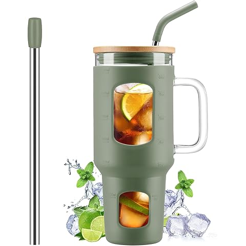 Glass Tumbler with Straw and Lid, 40 oz glass cup with handle, Glass Water Bottles ...
