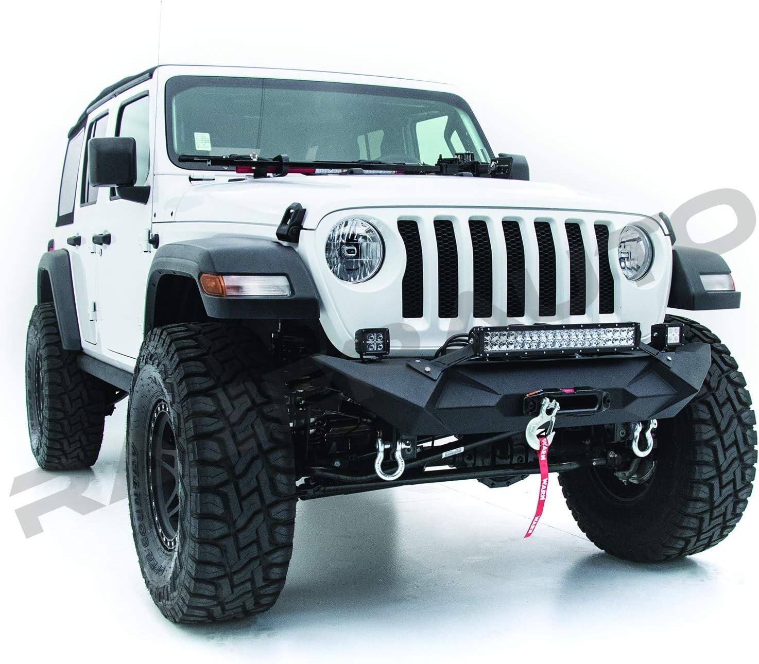 Textured Rock Crawler Front Bumper with 2x D-Ring and Built-In 21-23 Inch LED Light bar mount & Winch Mount Plate for 18-19 Jeep Wrangler JL