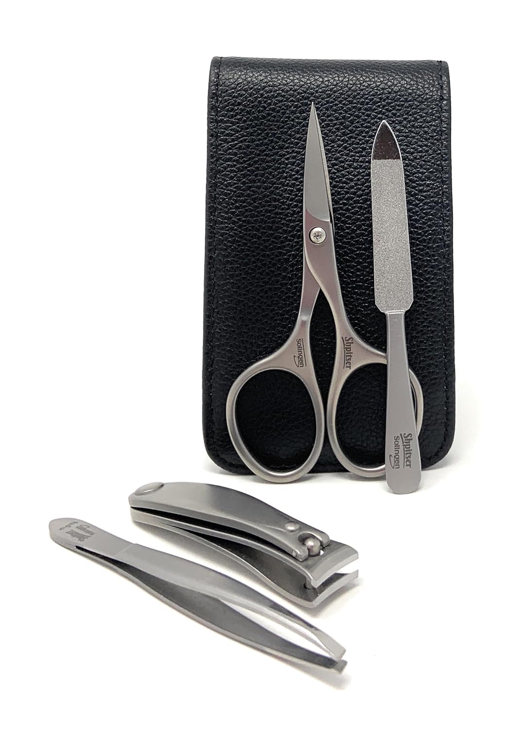 Shpitser Manicure and Pedicure Set of 4 Surgical Stainless Steel Instruments, Made in Solingen, Germany, Luxury Topinox Grooming Kit In Full Grain Nappa Leather Case (Black)
