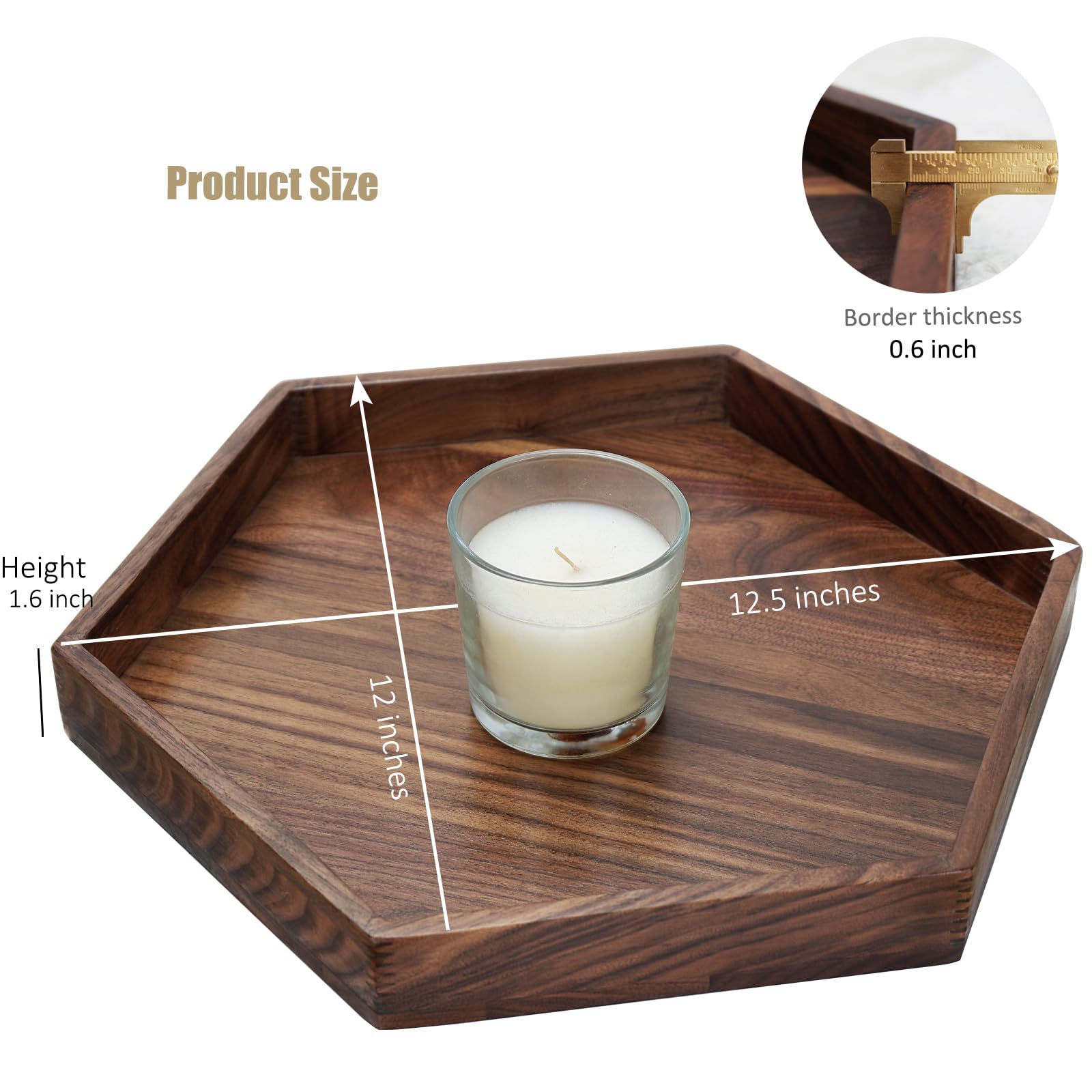 MAGIGO 12 Inches Small Hexagonal Black Walnut Wood Ottoman Tray with Handles, Serve Tea, Coffee Classic Wooden Decorative Serving Tray - Image 2