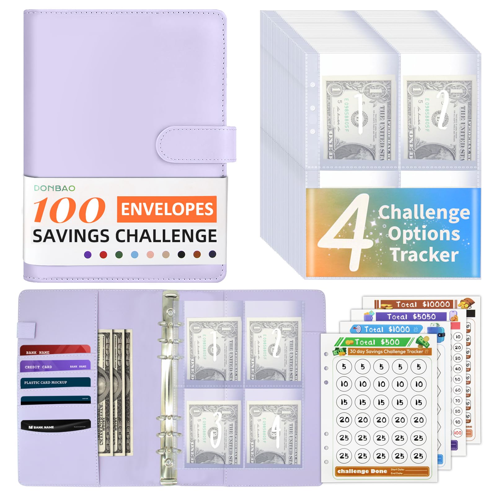 DONBAO 100 Envelopes Money Saving Challenge Binder, A5 Budget Binder with Envelopes and Challenge Tracker, Savings Challenges Planner Book to Save