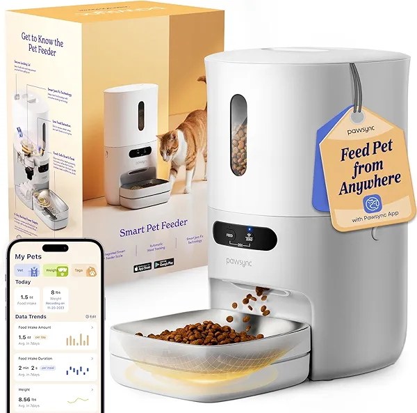 Pawsync Automatic Cat Feeder, WiFi Smart Scale Tracks Pet's Food Intake, App Control, 3.6L Timed Food Dispenser for Cats and Dogs, Up to 10 Meals Per Day, Stainless Steel Bowl, Dual Power Supply