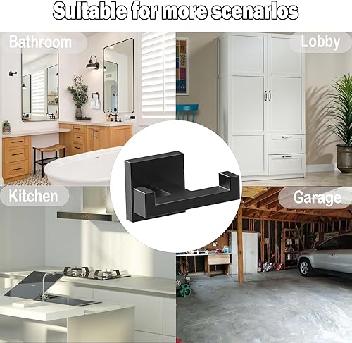 Miniatura 6 de BOZWELL Ganchos dobles para toallas para baño, montaje en pared negro mate, estilo cuadrado simple y moderno, gancho para bata y abrigo, colgador de