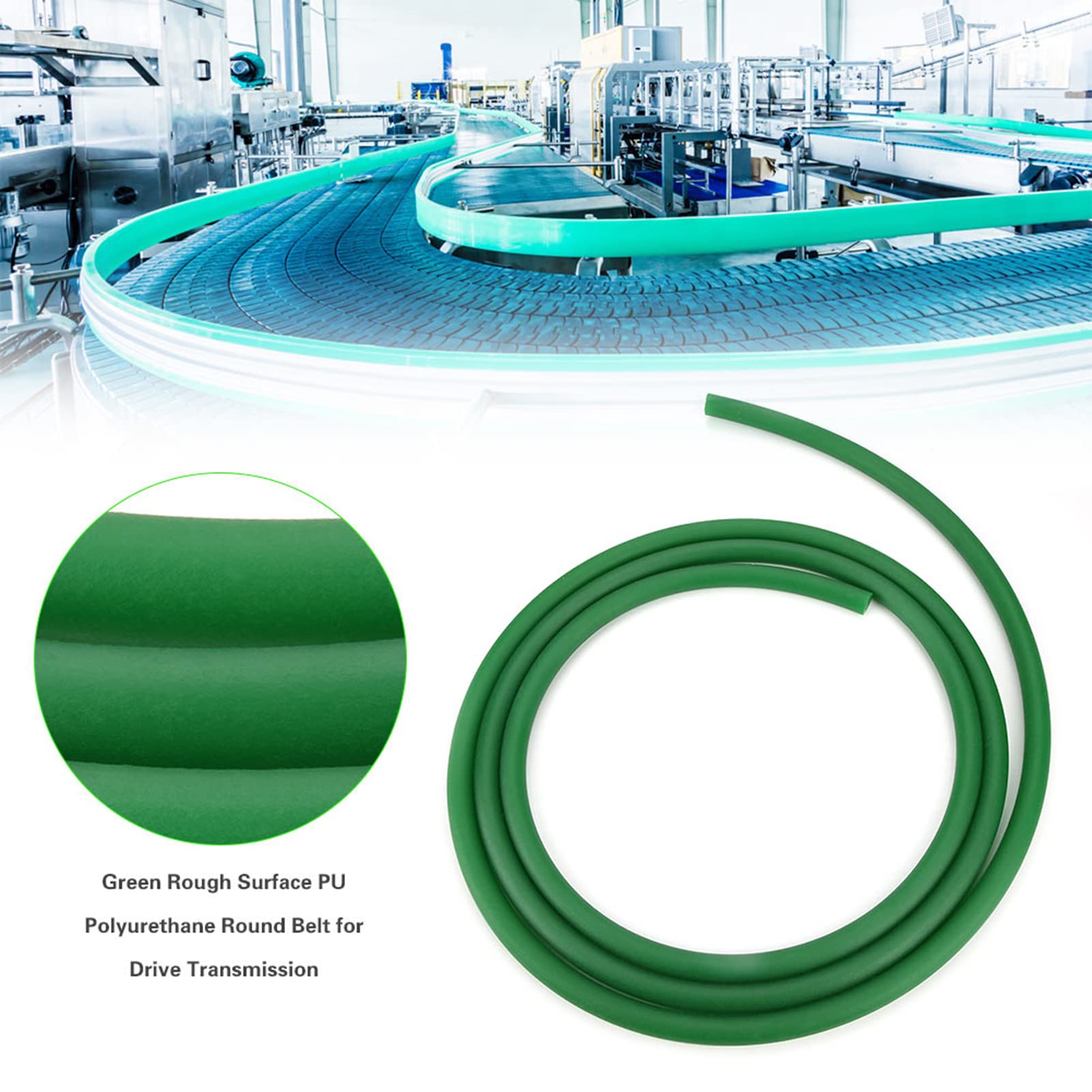 Tissting Cinghia rotonda in poliuretano PU superficie ruvida verde, cinghia di trasmissione per azionamenti, facile installazione e lunga durata, per macchine imballaggio, stampa, (15mm*Zio)