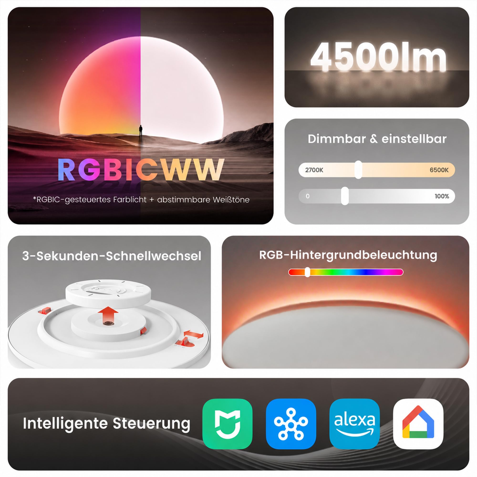 Yeelight Smart Deckenlampe 50cm, 4500LM 50W Dimmbar LED Deckenleuchte mit separatem RGB-Licht, Schnellmontage, 16M DIY Farben, 2700K-6500K, Kompatibel mit Alexa & Google, App/Fernbedienung Große Lampe